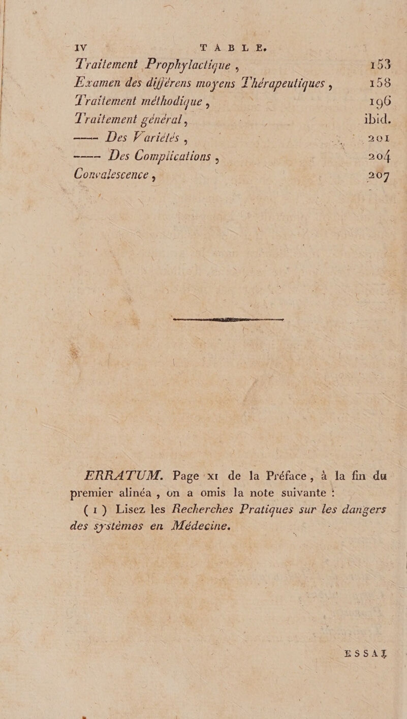 Traitement Prophylactique , 153 Eiamen des différons moyens Thérapeutiques , i5B Traitement méthodique 3 196 Traitement général, ibid. -Variétés , 201 -Des Complications ? 204 Cow 'alescènee, 207 , . . \ — ——■> V. . / \ ERRATUM. Page xi de la Préface, à la lin du premier alinéa , on a omis la note suivante : ( i ) Lisez les Recherches Pratiques sur les dangers des systèmes en Médecine. E S S A %