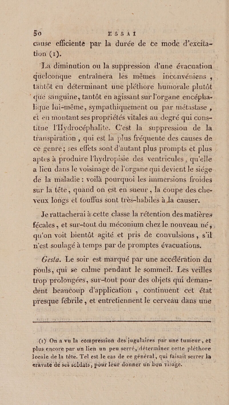 cause efficiente par la durée de te mode diexcita¬ tion (i). La diminution ou la suppression d’une évacuation quelconque entraînera les mêmes inconvéniens , tantôt en déterminant une pléthore humorale plutôt que sanguine, tantôt en agissant sur l’organe encépha¬ lique lui-même, sympathiquement ou par métastase , et en montant ses propriétés vitales au degré qui cons¬ titue l’Hydrocéphalite. C’est la suppression de la transpiration , qui est la plus fréquente des causes de ce genre; ses effets sont d’autant plus prompts et plus aptes à produire l’hydropisie des ventricules , qu’elle a lieu dans le voisinage de l’organe qui devient le siège de la maladie : voilà pourquoi les immersions froides sur la tête, quand on est en sueur, la coupe des che¬ veux longs et touffus sont très-habiles à la causer. Je rattacherai à cette classe la rétention des matières fécales, et sur-tout du méconium chez le nouveau né, qu’on voit bientôt agité et pris de convulsions, s’il n’est soulagé à temps par de promptes évacuations. Gesta. Le soir est marqué par une accélération du pouls, qui se calme pendant le sommeil. Les veilles trop prolongées, sur-tout pour des objets qui deman¬ dent beaucoup d’application , continuent cet état presque fébrile, et entretiennent le cerveau dans une * . $ *.$; . • v . « • V ( ' ' * ' ' ‘ ' ‘r r ' '*• • ; (i) On a vu la compression des jugulaires par une tumeur, et plus encore par un lien un peu serré, déterminer celte pléthore locale delà tête. Tel est le cas de ce général, qui faisait serrer la eravaté de ses soldats , pour leur donner uiï W» visage.