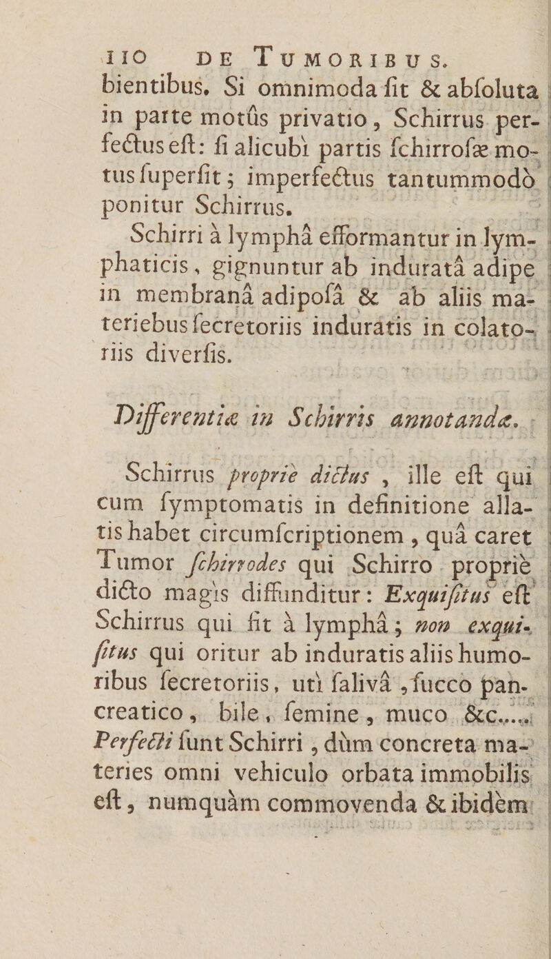 bientibus. Si omnimoda fit &amp; abfoluta in parte motus privatio, Schirrus per- fedtuseft: fi alicubi partis fchirrofse mo¬ tus fuperfit; imperfe&amp;us tantummodo ponitur Schirrus. Schirri a lympha efFormantur in lym¬ phaticis, gignuntur ab indurata adipe in membrana adipofa &amp;: ab aliis ma- teriebusfecretoriis induratis in colato- riis diverfis. Differenti# in Schirrts annotanda, Schirrus proprie dictus , ille eft qui cum fymptomatis in definitione alla¬ tis habet circumfcriptionem, qua caret Tumor fchirrodes qui Schirro proprie difto magis diffunditur: Ex qui/itus eft Schirrus qui fit a lympha; non ex qui» /itus qui oritur ab induratis aliis humo¬ ribus lecretoriis, uti faliva ,fiucco pan¬ creatico , bile, femine, muco &amp;c..... Perfetti lunt Schirri, diim concreta ma¬ teries omni vehiculo orbata immobilis eft, numquam commovenda &amp; ibidem