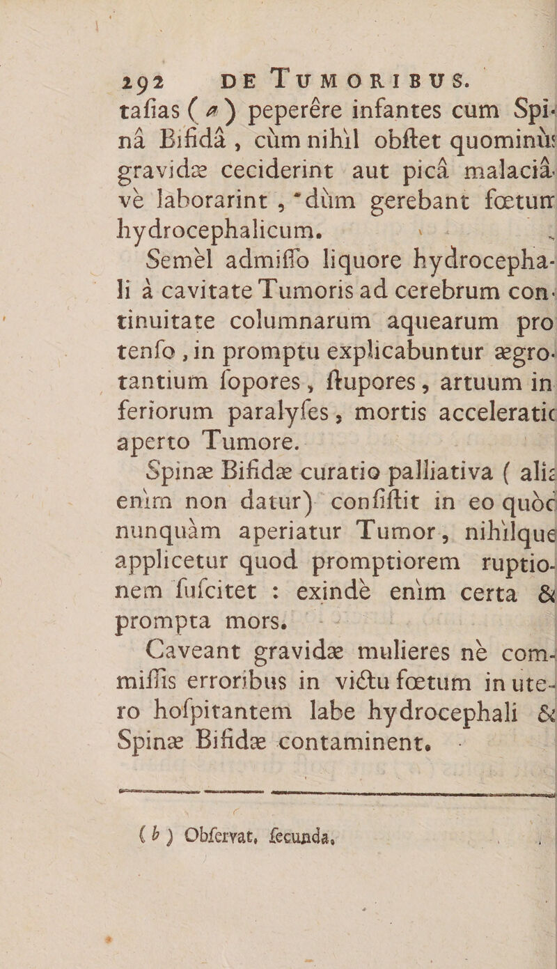 tafias ( peperere infantes cum Spi¬ na Bifida , cum nihil obftet quominus gravida ceciderint aut pica malacia- ve lahorarint , ‘dium gerebant foeturr hydrocephalicum. Semel admiflo liquore hydrocepha- li a cavitate Tumoris ad cerebrum con¬ tinuitate columnarum aquearum pro tenfo , in promptu explicabuntur aegro¬ tantium fopores , ftupores, artuum in feriorum paralyfes, mortis acceleratic aperto Tumore. Spinae Bifidae curatio palliativa ( alia enirn non datur) confiflit in eo qubc nunquam aperiatur Tumor, nihilque applicetur quod promptiorem ruptio¬ nem fufcitet : exinde enim certa &amp; prompta mors. Caveant gravidae mulieres ne com- mifiis erroribus in vidtu foetum in ute¬ ro hofpitantem labe hydrocephali &amp; Spinae Bifidce contaminent. ( h ) Obferyat, fecunda»