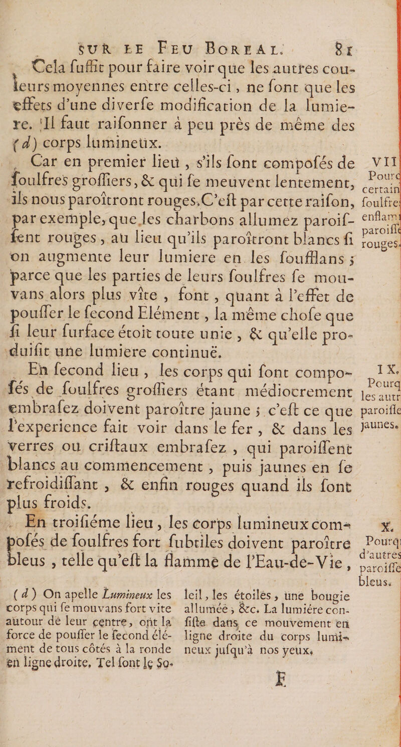 Cela fuffit pour faire voir que les autres cou¬ leurs moyennes entre celles-ci, ne font que les effets d’une diverfe modification de la lumiè¬ re. 'Il faut raifonner à peu près de même des (d) corps lumineux. , Car en premier lieü , s’ils font eompofés de foulfres grofiîers,&amp; qui fe meuvent lentement^ ils nous paroîtront rouges.Ceft par cette raifon, par exemplej que les charbons allumez paroif- fcnt rouges , ati lieu qu’ils paroîtront blancs fi VII Pour certain;; fouifre: enflam paroi fît on augmente leur lumière en les foufflans ; rouges. parce que les parties de leurs foulfres fe mou- vans alors plus vire , font 5 quant à l’effet de pouffer le fécond Elément, la même chofe que ïî leur furface étoit toute unie 3 qu’elle pro- duifit une lumière continue. Eh fécond lieu , les corps qui font compo- fés de foulfres groffiers étant médiocrement embrafez doivent paroître jaune &gt; c’eft ce que l’experience fait voir dans le fer , &amp; dans les verres ou criflaux embrafez , qui paroiffeilt blancs au commencement , puis jaunes en fe Vefroidiffant , &amp; enfin rouees quand ils font plus rroids. En troifiéme lieu, les corps lumineux com^ pofés de foulfres fort fubciles doivent paroître bleus , telle qu’eft la flammé de l’Eau-de-Vie , i x, Pourq les autr parodie jaunes* ( d) On apeîle Lumineux les îeil, les étoiles &gt; une bougie corps qui fe mouvans fort vite allumée, Szc. La lumière ccn- aütour dé leur centre &gt; ont la fille dans, ce mouvement en force de pouffer le fécond élé- ligne droite du corps lu mi¬ ment de tous côtés à la ronde neux jufqifà nos yeux* ên ligne droite. Tel font lç Sq- r X. Pourqi d'autres paroiffe bleus*