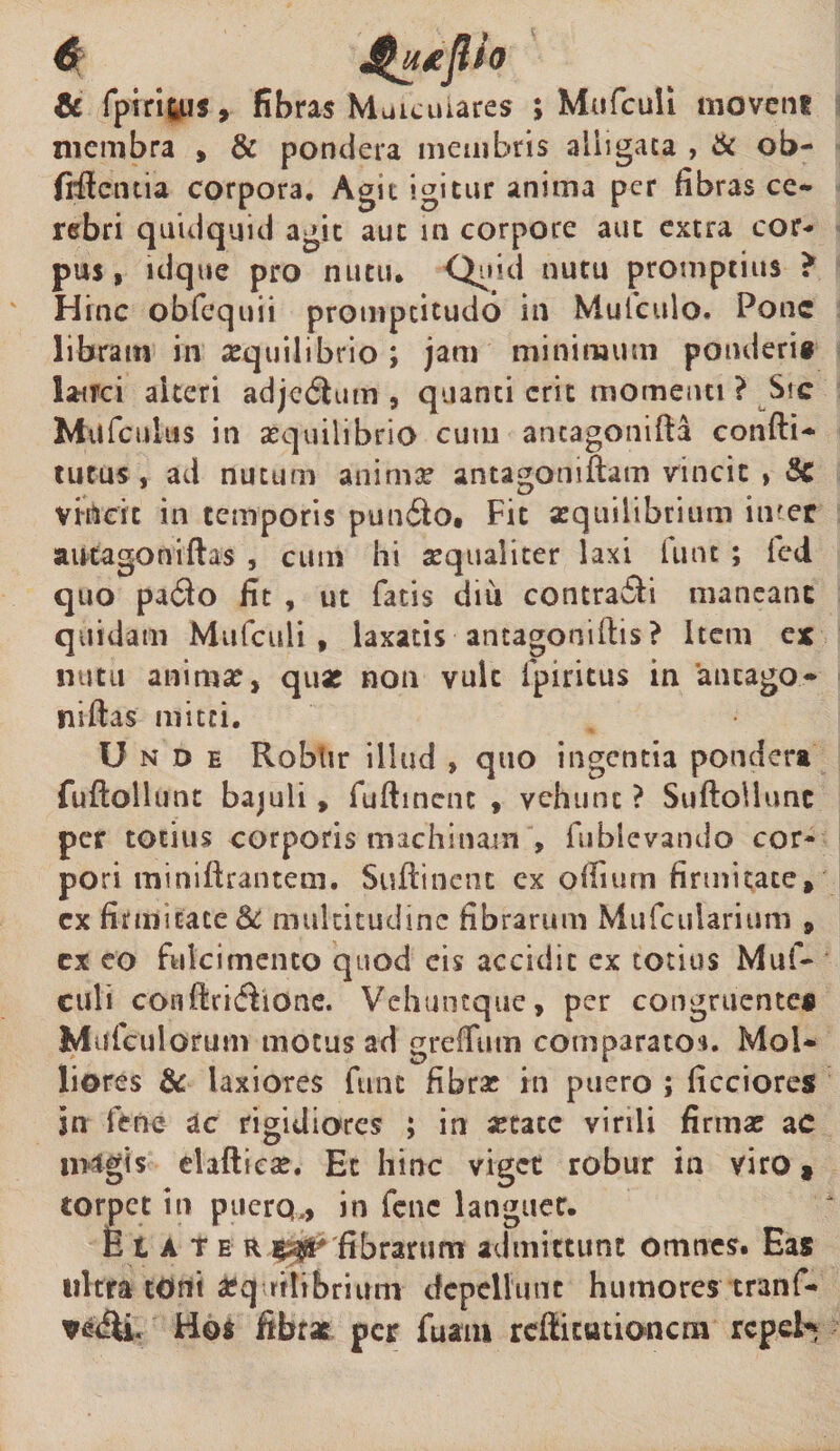 &amp; fpiritus, fibras Muicuiares ; Mufculi movent membra , &amp; pondera membris alligata , &amp; ob¬ lidentia corpora. Agit igitur anima per fibras ce¬ rebri quidquid agit aut in corpore aut extra cor* pus, idque pro nutu* 'Quid nutu promptius ? Hinc obfequii prompcitudo in Mulculo. Pone libram in squilibrio ; jam minimum ponderi® lanci alteri adje£tum , quanti erit momenti ? Sic Mufculus in aequilibrio cum ancagonida condi¬ turus, ad nucum animx antagomdatn vincit , Sc vincit in temporis pun£lo. Fit aequilibrium infer autagonidas , cum hi aequaliter laxi lunt ; fed quo pa$o fit , ut fatis diu contradi maneant quidam Mufculi, laxatis ancagonidis ? Item ex nutu animae, quae non vult fpiritus in 'aiuago- nidas mitti. Unde Roblir illud , quo ingentia pondera fudollunt bajuli, fudinenc , vehunt ? Sudollunc per totius corporis machinam , fublevando cor* pori minidrantem. Sudinent ex odium firmitate, cx firmitate &amp; multitudine fibrarum Mufcuiarium , ex eo fulcimento quod cis accidit ex totius Muf¬ culi condri&amp;ione. Vehuntque, per congruente® Mufculorum motus ad greffum comparato*. Mol¬ liores &amp; laxiores funt fibrae in puero ; ficciores jn fene ac rigidiores ; in setate virili firmae ac magis elafticse. Et hinc viget robur in viro» torpet in puero,, in fene languet* Et ater fibrarum admittunt omnes. Eas nitra toni a?q rilibrium depellunt humores tranf- vetfli. Hos fibrae per fuaiu rcfticutioncm repeb?