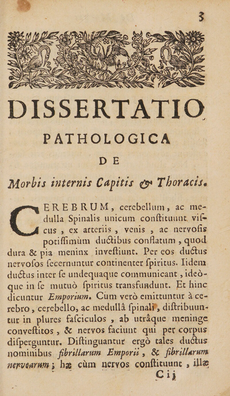 PATHOLOGICA D E Morbis internis Capitis &amp; Thoraeis, CEREBRUM, cercbelliiin, ac me¬ dulla Spinalis unicum conftituunt. vil^ CHS , ex arteriis , venis , ac nervofis potiflimum du6i:ibus conflatum , quod dura &amp; pia meninx invcftiunc. Per eos du6lus nervofos fecernuncur continenter rpiricus. lideni dudlus inter fe undequaque communicant, ideo- que in fe mutuo fpiritus transfundunt. Et hinc dicuntur EmportHm» Cum vero emittuntur a ce¬ rebro , cerebello, ac medulla fpinali, diftribuim- tur in plures fafciculos , ab utrique meninge conveftitos , &amp; nervos faciunt qui per corpus difperguntur. Diftinguantuif ergo tales du6lus nominibus fibrillarum Emporii, fihr^lUrum mif^vurnm \ hse cum nervos conftituunc » iUa®