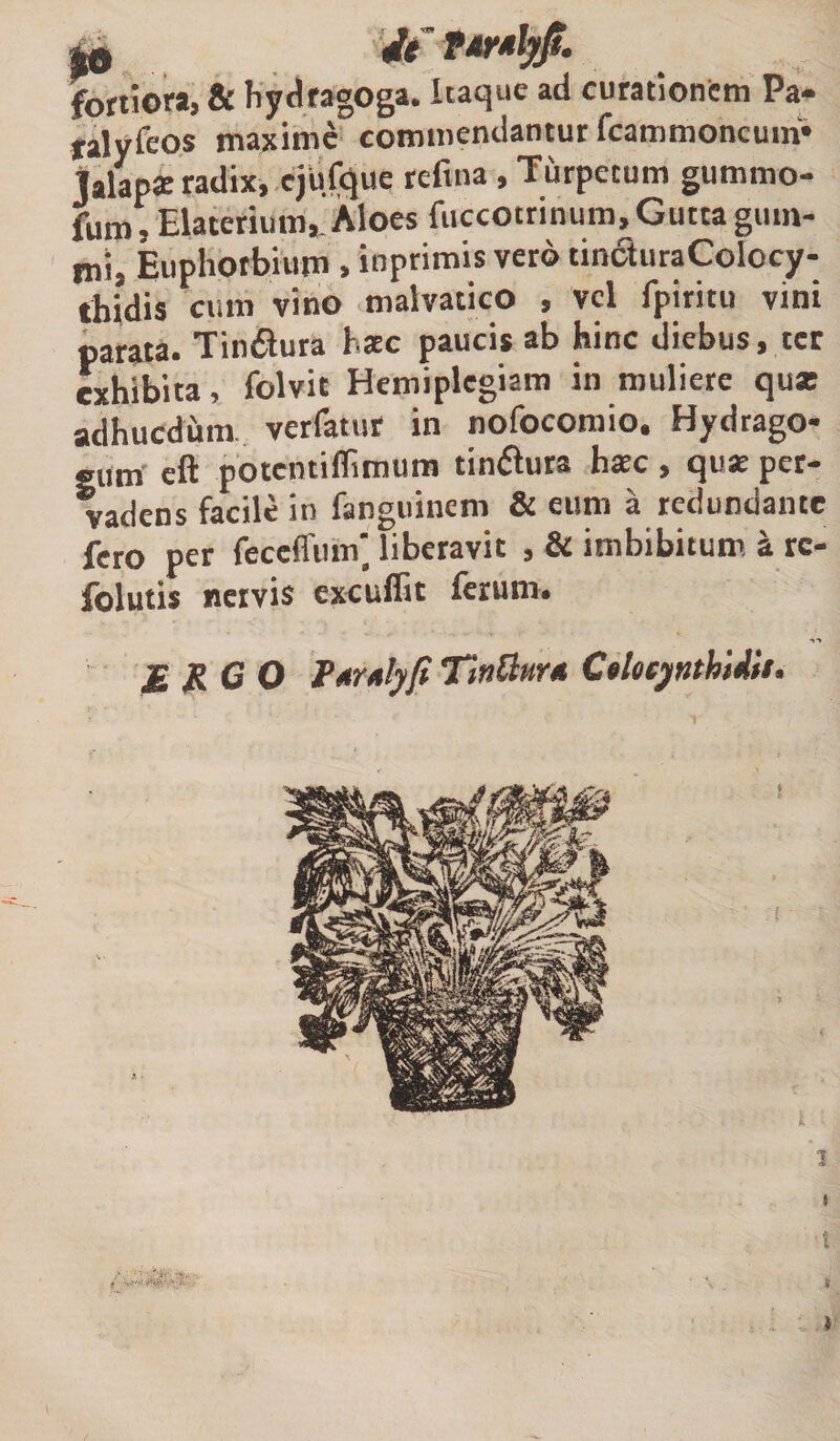 it Tmlyfi. fortiora, &amp; hydragoga. Itaque ad curationem Pa- ralyfeos maxime commendantur fcammoncuiri* talapi radix, ejufque refma , Tiirpecum gummo- fum,Elaterium*Aloes fuccotrinum,Guttaguin- mi, Euphorbium , inprimis vero tincturaColocy- tbidis cum vino malvatico , vel fpiritu vini parata. Tinflura hac paucis ab hinc diebus, ter exhibita, folvit Hemiplegiam in muliere qua: adhucdum verfatur in nofoeomio. Bydrago- gum eft potentiflimum tindfura hac, qua per¬ vadens facile in fanguinem &amp; eum a redundante fero per feceffum' liberavit , &amp; imbibitum 'i. rc- folutis nervis excuflit ferum. ERGO PArstyfi Tinttur* Ctlotynthiiis.