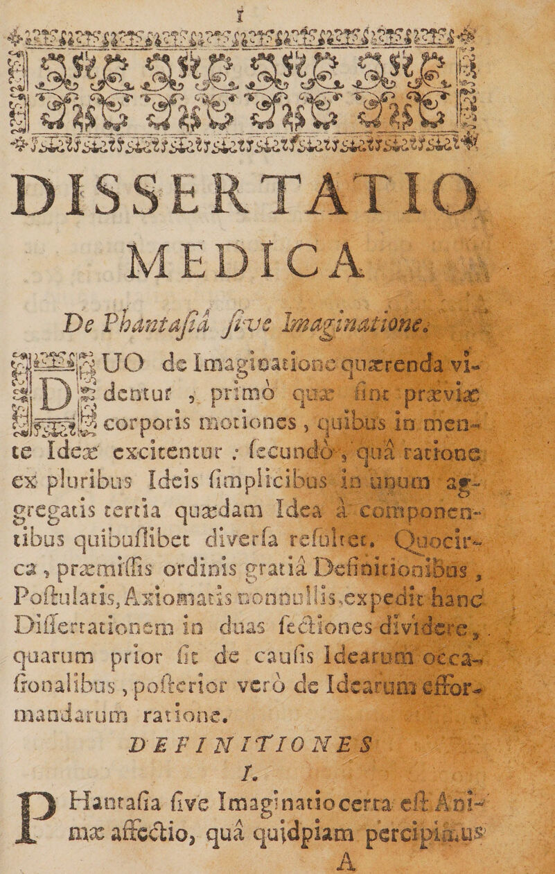 MEDICA De Phantajsd five Maglmtione.- UO de IcBagicadooc quarrenda vi» ^1^ te demur 3 primo qiix fior pr^svi^ corporis motiones , quib.o’s in meo--’ te Idex' cxcitentor ; fecunda-,'qua rationa, €X pluribus Ideis flmplicibus in uouai ag¬ gregatis tertia quaedam Idea a coaiponen¬ tibus quibuflibet db/erfa refoltet. Quocir¬ ca 3 prarmiffis ordinis gratia 'Denoitioaioiis ^ Poftulatis, Axiomatis condollls.expedit hanc Diilerratioosm io duas lectiones dividere, quarum prior fic de caufis Idcaruai occa-, fronalibiis, pofterior verb de Idearum eiFor»^ mandaruoi ratione, DBF I N ITIONE S P L Flaotafia five Imaginatioccrta cft Ao!-' mx aftcclio, qua quidpiam percipimus’ A