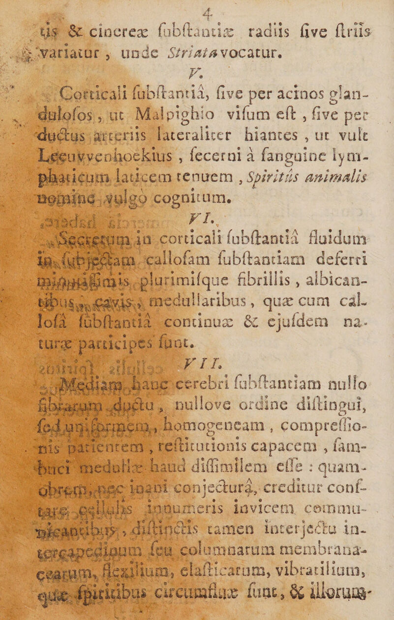 ■&amp; ciocrcx fijbR-aoti.ie radiis five Urus- ‘variatur , unde vocatur. Corticali fubftanda, five per acinos g!an- dulofos 5 uc Malpighio vifum eft , five per 'dudus arienis lateralicer hiantes , uc vuk LifeuvveDhoekius , lecerni a faoguine lyni- p^taucum laticem tenuem .Spirltds mimalis iioptine vuigo cognitum. VL io corticali fubftantia fluidum -callofam fubftantiam deferri p!ur fibrillis &gt; albican- uiedullaribus» qux cum caL lofa fubflantia concinux &amp; ejufdem na- tiirx parucipcs’ funt. riL cerebri (ubftantiam nullo , Duilove ordine diftiogui, fci upl&amp;rmer^i homogeoeam , conipreffio» rris patientem , reititutionis capacem , fam- ‘Imci meduHx-liaiid diffimilem cOa : quam- obrcrCiiy^pac conjedura, creditur conf- jnoumeris invicem, camma- illcwahi^^ &gt;4ift5nCLis tamen loterjcdu la- 'fcu cokioioarum membrana- flediium, eiafiicafum, vibraiiliaiiis qu^;;.i|iriabqs circumflas iliac, &amp; UbfuiS'