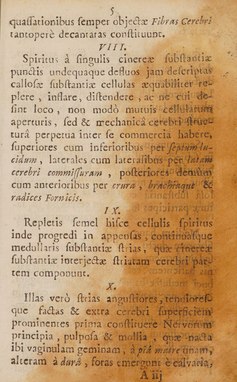 cjuairationibus feniper objecflrx Fihya^s Cetehrl tantopere decaoraras conftituuDc:, VIIL Spiritus a fingulis cinereae fubftantiae pundis undequaqoe defluos jam dederiptas caliofe fiibftantiae cellulas aequabiliter re¬ plere , inflare, diflendere , ac ne cui fine ioco , non modo mutuis cellularti^ aperturis, (ed &amp;: mechanica ccrebrb^lW^^ tura perpetua inter fe conamercia habere, ruperiores cum inferioribus eidum , laterales cura lateralibus- cerebri commiffurmi , pofteriores-dl^mtxS cum anterioribus per crurM&gt; , rfvdices Fornicis^ ■ — -'vi' -i-t: if*-** ■ vi’-''-;''; IX, i. Repletis femel hiicc cellulis fpirirus inde progredi in appenfas , cohtlitoa'^^|u$: medulhris fubfl:antix fidas, fubfianti^ inrerjed^ firiatam tem componuoc, X. Illas vero flrias anpuiriores, que ladas &amp; extra cerebri fepefficlei prominentes prima conftuuere ■ Nervb^brn- principia , pulpofa &amp; mollia;i quas— ibi vaginulam gemi nam, a pidm^^re'%niiW}y alteram a durd y foras emeram- KW,f