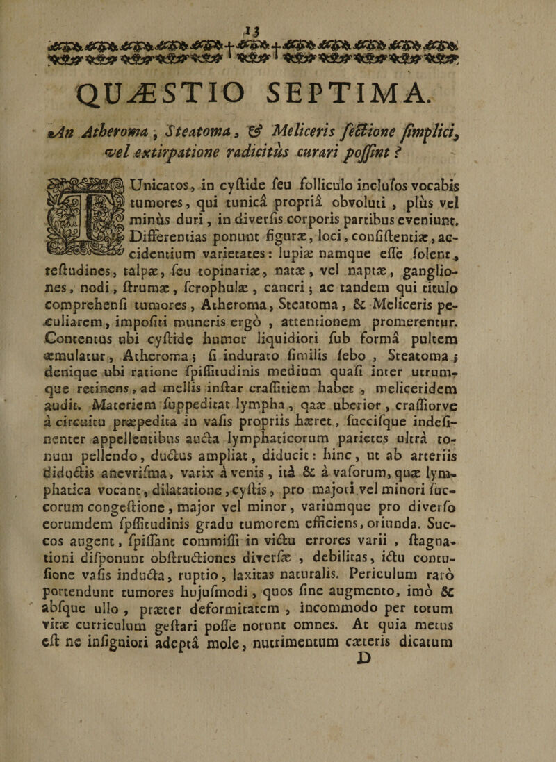 ?91 *$&amp;1 QUESTIO SEPTIMA. *An Atheroma , Steatoma, &amp; Meliceris fetiione fimplici3 &lt;vel extirpattone radicitus curari pojfnt ? ■ ' e Unicacos, in cydide feti folliculo inclufos vocabis tumores, qui tunica propria obvoluti , plus vel minus duri, in diverfis corporis partibus eveniunt. Differentias ponunt figurae, loci, confidentiae,ac¬ cidentium varietates: lupiae namque ede folent., tedudines, talpae, feu topinariae, natae, vel naptae, ganglio- nes, nodi, drumae, fcrophulae, cancri$ ac tandem qui titulo comprehenfi tumores, Atheroma, Steatoma, &amp; Meliceris pe¬ culiarem, impofiti muneris ergo , attentionem promerentur. Contentus ubi cydide humer liquidiori fub forma pultem aemulatur, Atheroma i fi indurato fimilis febo , Steatoma ; denique ubi ratione fpiffitudinis medium quafi inter utrum¬ que retinens, ad mellis inftar crafficiem habet , meliceridem audit. Materiem fuppeditat lympha, qase uberior, crafliorve a circuitu praepedita in vafis propriis haeret, fuccifque indefi- nenter appellentibus aucia lymphaticorum parietes ultra to¬ num pellendo, dudus ampliat, diducit: hinc, ut ab arteriis didudis anevrifma, varix avenis, iti &amp; a vaforum,quse lym¬ phatica vocant, dilatatione,cydis, pro majori vel minori fuc- corum congedione, major vel minor, variumque pro diverfo eorumdem fpfficudinis gradu tumorem efficiens,oriunda. Suc¬ cos augent, fpiflanc commiffi in vidu errores varii , ftagna- tioni difponunt obdrudiones diverfae , debilitas, idu contu- fione vafis induda, ruptio, laxitas naturalis. Periculum raro portendunt tumores hujufmodi, quos fine augmento, imo £c abfque ullo , praeter deformitatem , incommodo per totum vitae curriculum gedari pofle norunt omnes. At quia metus eft ne infigniori adepta mole, nutrimentum caeceris dicatum i j