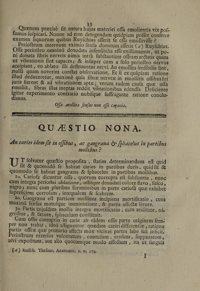 Quinam praecise fit natura hujus materiei ofia emolientis vix pof- lumus lulpicari. Nonne ad eam detegendam quidpiam poflet conferre examen liquorum quibus Ruyfchius afierit fe ofia emollivifle ? ■ Periofteum internum eximio fenfu donatum afierit (a) Ruyfchius. Ofia periofieo omnino denudata infenfibilia efleexiftimamus, ut po¬ te donata fibris nerveis nimis intra fubftantiam ofieamardatis quam ut vibrationis fint capaces,* &amp; infupet cum a lolo periofieo nervos accipiant, eo ablato illi deftruuntur nervi. An emollita fenfibilia fint, mi j noverim confiat obfervatione, Et fi ex quapiam ratione illud deduceretur, maxime quia fibrae nerveas in emollitis offibusfui juris fierent &amp; ad vibrationem aptae; verum eadem caufa quae ofia emollit, fibras illas ineptas reddit vibrationibus edendis Deficiente igitur experimento contrario nobifque fuffragante ratione conclu¬ dimus. OJJa .mollita fenfus non ejfe capacia. QUAESTIO NONA. I An cdries idem fit in ojjibus, ac gangrena &amp; fgbacelus in fartibus mollibus ? TTT folvatur quaeftio propofita , ftatim determinandum efi quid ^ fit &amp; quomodo fe habeat caries in partibus duris, quid fit &amp; quomodo fe habeat gangraena &amp; fphacelus in partibus mollibus. io. Cariofa dicuntur ofia , quorum corrupta efi fubfiantia , nunc cum integra perioftei ablatione, ofiifque denudati colore flavo , fufco, i}igro j nunc cum pluribus foraminibus in parte cariofa quae exhibet fuperficiem corrofam , inaequalem &amp; fcabrani. 2o- Gangraena efi partium mollium incipiens mortificatio , cum maxima fenfus motuique imminutione , &amp; partis affe&amp;ae livore. 3°; fartis cujufdam mollis integra mortificatio , cum ariditate, ni¬ gredine , &amp; faetore, fphacelum conftituit. Cum offis corruptio in carie ab eadem offis parte originem fem- per non trahat, ideo affignantur quaedam cariei differentiae, ratione partis ofieae quae primario affecfia mox vicinas partes labe iua inficit, renofteum exterius vulneratum , contufum , erofum, fuppuratum*' aeri expolitum, aut alio quocumque modo affeflum , ita ut fanguis Ruifch. Thefaur. Anatomic. x. n. 173, I