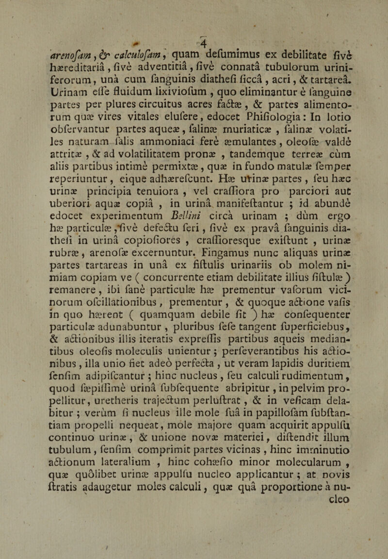 arenofam , calculofam , quam defumimus ex debilitate five hereditaria , five adventicia , five connata tubulorum urini- ferorum, una cum fanguinis diathefi ficca , acri, &amp; tartarea. Urinam die fluidum lixiviofum , quo eliminantur e languine partes per plures circuitus acres fa6tae, &amp; partes alimento¬ rum quae vires vitales elufere, edocet Phifiologia: In lotio obfervantur partes aqueae, falinae muriatice , falinae volati¬ les naturam falis ammoniaci fere aemulantes, oleofae valde attrite , &amp; ad volatilitatem prone , tandemque terree cum aliis partibus intime permixte , que in fundo matule femper reperiuntur , eique adherefcunt. Hae uVine parces , feu hec urine principia tenuiora , vel craffiora pro parciori aut uberiori aque copia , in urina manifeftantur ; id abunde edocet experimentum Bel/zni circa urinam ; dum ergo hae particulae ,*five defe£tu feri, five ex prava fanguinis dia¬ thefi in urina copiofiores , cralfioresque exiftunt , urine rubre , arenofe excernuntur. Fingamus nunc aliquas urine partes tarcareas in una ex filtulis urinariis ob molem ni¬ miam copiam ve ( concurrente etiam debilitate illius fiftulae ) remanere, ibi fane particulae hae prementur vaforum vici¬ norum ofcillationibus, prementur , &amp; quoque a£tione vafis in quo haerent ( quamquam debile fit ) he confequenter particulae adunabuntur , pluribus fefe tangent fuperficiebus, &amp; a£tionibus illis iteratis expreflis partibus aqueis median¬ tibus oleofis moleculis unientur; perfeverancibus his adtio- nibus, illa unio fiet adeo perfecta , ut veram lapidis duritiem fenfim adipifcantur ; hinc nucleus , feu calculi rudimentum, quod fepiflime urina fubfequente abripitur , in pelvim pro¬ pellitur, uretheris trajectum perluftrat, &amp; in veficam dela- bitur ; verum fi nucleus ille mole fua in papillofam fubftan- tiam propelli nequeat, mole majore quam acquirit appulfu continuo urinae, &amp; unione novae materiei, diltendit illum tubulum, fenfim comprimit partes vicinas , hinc imminutio a£honum lateralium , hinc cohaefio minor molecularum , quae quolibet urinae appulfu nucleo applicantur ; at novis ftratis adaugetur moles calculi, quae qua proportione a nu¬ cleo