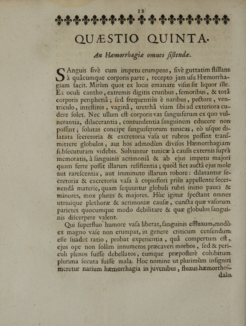 ^ ^ ^ ^ aU/ESTIO aUINTA. An Hicmorrhagia omnes Jiftenda. S Anguis five cum impetu erumpens, five guttatim ftiltans^ a quacumque corporis parte , recepto jam ufu Haemorrha¬ giam facit.'Mirum quot ex locis emanare vifusfit liquor ille.. Ex oculi cantho, extremis digitis cruribus , femoribus, 6c tota corporis peripheria ; fed frequentius e naribus, peftore , ven¬ triculo 5 inteftinis , vagina, uretrha viam fibi ad exteriora cu-- dere folet. Nec ullum ell corporis vas fanguiferum ex quo vul¬ nerantia, dilacerantia, contundentia fanguinem educere nort poffint; folutas concipe fanguiferorum tunicas , eb ufque di¬ latata Teeretoria &amp; excretoria vafa ut rubros poffint tranf- mittere globulos, aut hos admodum divifos Haemorrhagiam fubfecuturam videbis. Solvuntur tunicae a caufis externis fupra* memoratis, a fanguinis acrimonia 8c ab ejus impetu majorf quam ferre polfrt illarum refifrentia ; quo’d fietaufta ejus mole aut rarefcentia-, aut imminuto illarum robore: dilatantur fe- cretoria &amp; excretoria vafa a copiofiori priiis appellente fecer- nenda materie, quam fequuntur globuli rubri initio pauci 6c minores, mox- plures- 6c majores.. Huc igitur fpeftant omnes utriulque plethorse 5c acrimoniae caufie, cunfta qii^e vaforum parietes quocumque modo debilitare quae globulos,fangui¬ nis diicerpere valent. Qiii fuperfluo’ humore vafa liberat, fanguinis effluxum,modb ex magno vale non erumpat, in genere criticum cenfendum: effe fuadet ratio , probat experientia , qua compertum eft,, ejus ope non folum innumeros prsecaveri morbos ,. fed &amp; peri¬ culi plenos fuiffe debellatos, eumque prsepoftere cohibitum^ plurima fecuta fuiffe mala. Hoc nomine ut plurimum infigniri meretur narium haemorrhagia in juvenibus, fluxus haemorrhoi- dalis- /