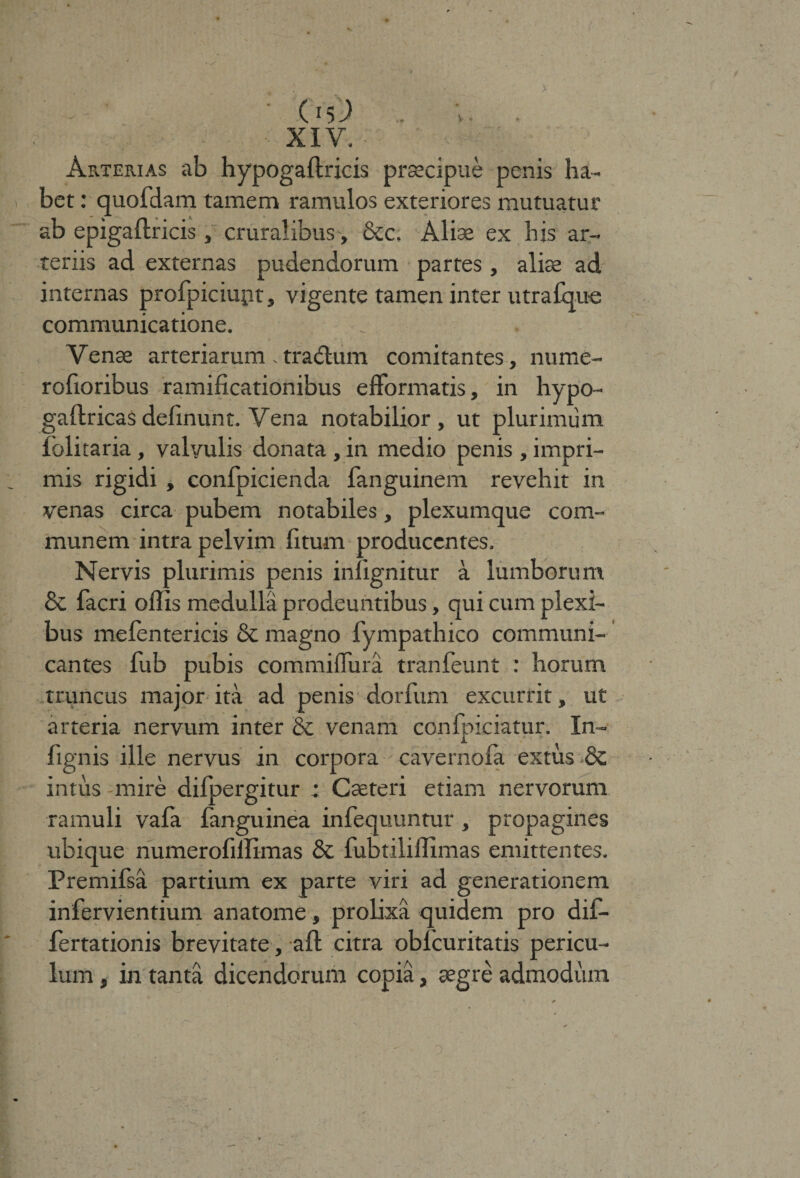 XIY. ■ Arterias ab hypogaftricis praecipue penis ha¬ bet : quofdam tamem ramulos exteriores mutuatur ab epigaftricis , cruralibus, &c. Aliae ex his ar¬ teriis ad externas pudendorum partes , aliae ad internas profpiciupt, vigente tamen inter utrafque communicatione. Venae arteriarum . tradum comitantes, nume- rofioribus ramificationibus efformatis, in hypo- gallricas delinunt. Vena notabilior, ut plurimum iblitaria , valvulis donata , in medio penis , impri¬ mis rigidi , confpicienda fanguinem revehit in venas circa pubem notabiles, plexumque com¬ munem intra pelvim (itum producentes. Nervis plurimis penis infignitur a lumborum & facri offis medulla prodeuntibus, qui cum plexi¬ bus mefcntericis & magno fympathico communi¬ cantes fub pubis commilTura tranfeunt : horum truncus major ita ad penis dorfum excurrit, ut arteria nervum inter & venam confpiciatur. In- lignis ille nervus in corpora cavernofa extiis & intus mire difpergitur : Caeteri etiam nervorum ramuli vafa fanguinea infequuntur, propagines ubique numeroliffimas & fubtiliffimas emittentes. Premifsa partium ex parte viri ad generationem infervientium anatome, prolixa quidem pro dif- fertationis brevitate, ait citra obfcuritatis pericu¬ lum , in tanta dicendorum copia, segre admodum