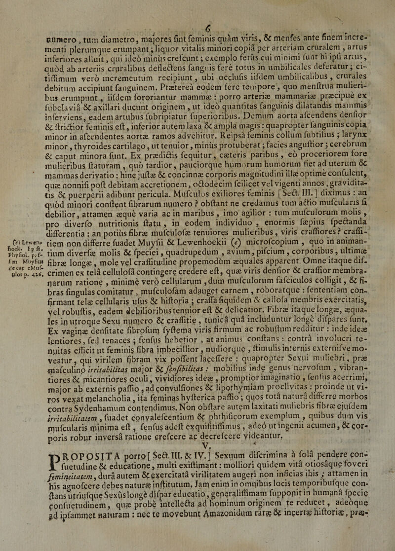 miracro , tum diametro, majores fin-t feminis quam viris, &amp; menfes ante finem incre¬ menti plerumque erumpant; liquor vitalis minori copia per arteriam cruralem , artus inferiores alluit, qui ideb miniis crefcunt; exemplo fetus cui minimi lunt hi ipfi anus, quod ab arteriis cruralibus dede&amp;ens fanguis fere totus in umbilicales deferatur; ci~ tiffimum vero lncremeutum recipiunt, ubi occlufis iifdem umbilicalibus , crurales debitum accipiunt fanguinem. Ptaeterea eodem fere tempore , quo menbrua mulieri¬ bus erumpunt, iifdem fororiantur mammae : porro arteriae mammariae praecipue ex fubclavia &amp;C axillari ducunt originem , ut ideo quantitas fanguinis ddatandis mammis inferviens, eadem artubus fubripiatur fuperioribus. Demum aorta afeendens denfior &amp; bri&amp;ior feminis eb, inferior autem laxa &amp; ampla magis: quapropter fanguinis copia minor in afeendentes aortae ramos advehitur. Reipsd feminis collum lubtilius; larynx minor, thyroides cartilago, ut tenuior, minus protuberat; facies angubior \ cerebrum &amp; caput minora funt. Ex praedi&amp;is fequitur, caeteris paribus, eb proceriorem fore mulieribus baturam , quo tardior, pauciorque humorum humorum fiet ad uterum 6c mammas derivatio: hinc jubae &amp; concinnae corporis magnitudini illae optime confident, qua? nonnifi pob debitam accretionem, ododecim fcilicet vel vigenti annos , gravidita¬ tis Sc puerperii adibunt pericula. Mufculos exiliores feminis [Sed. III.] diximus : an quod minori conflent fibrarum numero ? obflant ne credamus tum adio mufculans fi debilior, attamen aeque varia ac in maribus , imo agilior : tum mufculorum molis , pro diverfo nutritionis flatu , in eodem individuo , enormis faepius fpedanda differentia : an potiiis fibrae mufculofae tenuiores mulieribus , viris craffiores? craffi- foLeverv tierTt non differre fuadet Muylii &amp; Lewenhoekii microfeopium , quo in animan- phyfiol!p?f- tium diverfae molis &amp; fpeciei, quadrupedum , avium, pifeium , corporibus , ultimae fm Muyfim longae, mole vel craflititdine propemodiim aequales apparent. Omne itaque dif- crimen ex tel* ceUulpfacontingere credere efl, quae viris denfior &amp; craffior membra- narunt ratione , minime vero cellularum ,dum mufculorum fafciculos colligit, &amp; fi. bras fingulascomitatur , mufculofam adauget carnem , roboratque : fententiam con¬ firmant tel as cellularis ufus &amp; hiboria 5 craffa fiquidem &amp; callofa membris exercitatis, vel robuflis, eadem debilioribus tenuior efl &amp; delicatior. Fibrae itaque longa;, aequa¬ les in ufroqpe Sexu numero &amp; craffitie , tunica qua includuntur longe difpares funt. Ex vaginae denfitate fibrofum fyflema viris firmum ac robuflum redditur : inde ideae lentiores, fej tenaces ; fenfus hebetior , at animus conflans : contra involucri te¬ nuitas efficit ut feminis fibra imbecillior, niuliorque , bimulis internis externifve mo¬ veatur, qui virilem fibram vix poffent laceffere : quapropter Sexui muliebri, prae mafculino irritabilitas major fyfmfibilitas : ipobilius inde genus nervofum , vibran- tiores &amp; micantiores oculi, vividiores ideae , promptior imaginario , fenfus acerrimi, major ab externis paffio , ad convulfiones lipofhymiam proclivitas : proinde ut vi¬ ros vexat melancholia, ita feminas hvberica paffio; quos totd naturi differre morbos contra Sydenhamum contendimus. Non obbare autem laxitati muliebris fibrae ejijfdem irritabilitatem , fuadet cpnyalefcentium &amp; phthificorum exemplum , quibus dum vis rnufcularis rpmima eb , fenfus adeb exquifitiffimus , adeo ut ingenii acumen, &amp; cor¬ poris robur inversa ratione crefcere ac decrefcere yideamur. 9 PROPOSITA porro [Se£l. III. &amp; IV.] Sexuum diferimina h fola pepdere con^ fuetudine educatione, multi exibimant: molliori quidem vitd otiosaque foveri femineitatem, dura autem &amp; exercitata virilitatem augeri non inficias ibis ; attamen in his agnofeere debes naturae inftitutum. Jam enim in omnibus locis temporibufque con- ilansutriufque Sexus longe difpar educatio, generaliffimam fuppopitin humana fpecip confuetudinem, quae probe intellefta ad hominum originem te reducet, adeoqup gd ipfammet «aturam ; nec te movebunt Amazonidum rar^? incertae hiboriae, piagr