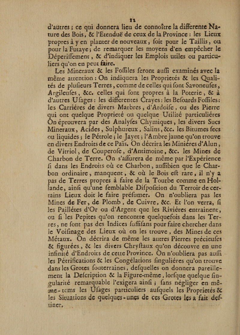 cî*autrcs i ce qui donnera lieu de connoîtrc la difFerentc Na¬ ture des Bois, &amp; l’Etendue de ceux de la Province : les Lieux propres à y en planter de nouveaux, foie pour le Taillis, ou pour laFuiayej de remarquer les moyens d’en empêcher le Déperiiremcnt, ÔC d’indiquer les Emplois utiles ou particu¬ liers qu’on en peut iaire* Les Minéraux &amp; les Foflîles feront auflî examinés avec la même attention : On indiquera les Propriétés éc les Quali¬ tés de pluficurs Terres, comme de celles qui font Savoneufes, Argileufes, &amp;c. celles qui font propres à la Poterie, 6c à d’autres Ufages : les differentes Crayes: les Befbards Foflîles: les Carrières de divers Marbres, d’Ardoife, ou des Pierre qui ont quelque Propriété ou quelque Utilité particulières On éprouvera par des Analyfcs Chymiques, les divers Sucs Minéraux, Acides, Sulphureux, Salins,&amp;c* les Bitumes fecs ou liquides j le Pétrole 5 le Jayet j f Ambre jaune qu’on trouve en divers Endroits de ce Pais. On décrira les Minières d’Alun, de Vitriol, de Couperofe, d'Antimoine, &amp;c. les Mines de Charbon de Terre. On s’aflurera de même par l’Expérience Cl dans les Endroits où ce Charbon, auflîbien que le Char¬ bon ordinaire, manquent, 6c où le Bois eft rare, il n’y a pas de Terres propres à faire de la Tourbe comme en Hol¬ lande, ainlî qu’une femblabic Difpofition du Terroir de cer¬ tains Lieux doit le faire préfumer. On n’oubliera pas les Mines de Fer, de Plomb, de Cuivre, &amp;c. Et l’on verra, fi les Paillétes d’Or ou d*Argent que les Rivières entraînent, ou fi les Pépites qu’on rencontre quelquefois dans les Ter¬ res, ne font pas des Indices fuffifans pour faire chercher dans le Voifinage des Lieux où on les trouve , des Mines de ces Métaux. On décrira de même les autres Pierres précieules 6c figurées, 6c les divers Chryftaux qu’on découvre en une infinité d’Endroics de cette Province. On n’oubliera pas auiîî les Pétrifications 6c les Congélations finguliércs qu’on trouve dans les Grotes fouterraines, defquellcs on donnera pareille¬ ment la Defeription 6c la Figure-même. lorfque quelque An¬ gularité remarquable l’exigera ainfi ,* fans négliger en mê¬ me - tems les Ufages particuliers aufquels les Propriétés &amp; les Situations de quelques • unes de ces Grotes les a fait dçf* âner.