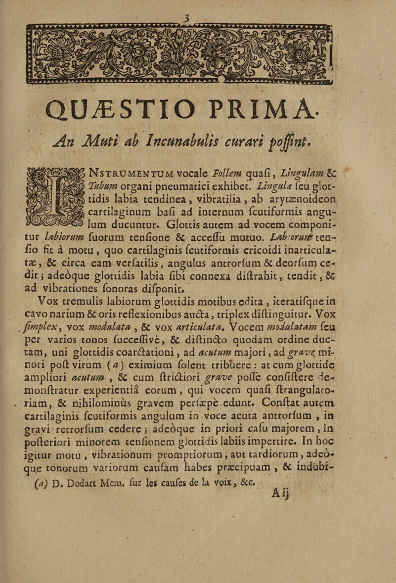 Â*àAêkàÂ 1^9mSaxm^fsai. QUÆSTIO PRIMA- An Muti ab Incunabulis curaxi pojfinf. Nstrumentum vocale Tollem cjuafi, Lingulam 6c Tubum organi pneumatici exhibée. Lingulœ feu gloc- tidis labia tendinea , vibratilia , ab arytænoideon cartilaginum bafi ad imernum feutiformis angu- lum ducuntur. Glottis autem ad vocecn componi- tur Ubiorum fuorum cenfione &amp; acceffu mutuo. Ldroruw iva- fio fit à motu, quo carcilaginis feutiformis cricoidi inarticula- tæ, 6c circa eam verfatilisj angulus antrorfum 8c deorfum ce- dit j adeoque glottidis labia fibi connexa ditërahit, tendit, SC ad vibrationes fonoras difponic» Vox tremulis labiorum glottidis motibus édita , keratifquein cavo narium 6c oris reflexionibus aucla, triplex difiinguitur. Vox fimflex, vox modulât a , 6c vox articulât a* Vocem modulatam feu per varios tonos fucceflîvè, 6c diftindto quodam ordine duc- tam, uni glottidis coardlationi, ad acutum majori, ad grave mi- nori pofl virum (a) eximium folent tribliere ; at cum gîottide ampliori acutum , 6c cum ftri&amp;iori grave pofle confiftere de- monftratur experientiâ corum , qui vocem quafi ftrangulato- riam, 6c nihilominùs gravem perfæpè edunt. Confiât autem cartilaginis feutiformis angulum in voce acuta antrorfum , in gravi recrorfum cedere 5 adeoque in priori cafu majorem , in pofteriori minorem cenfionera glottidis labiis impertire. In hoc igitur motu, vibrationum promptiorum, aut tardiorum, adeo- que tonorum variorum caufam habes præcipuam , 6c indubi- (a) D, Dodart Mena, fur les caufes de la voix3 &amp;e. Aij