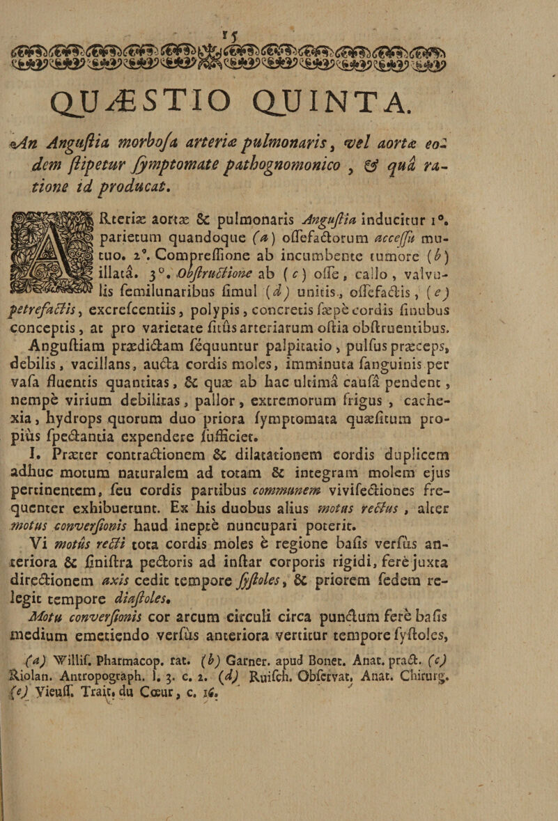 QUÆSTIO Q_U INT a. «An Anguftia morbo/a arteriœ pulmonarts 3 <z/el aortœ co¬ dent ftipetur flymptomate pathognomonico , &amp; quâ ra¬ tions id producat. $ Rteriæ aortæ 8c pulmonaris Anguflia inducitur i°. nariP.rnm nii^nrîonnp. C/%, \ r*rîf*fairQ-rkt*M!irt At.rrpfïii mn — l]s femilunaribus fîmul {d) unitis., offefadis, (e) fetrefaffiS) excrefcentiis, polypis, concretis fæpè cordis finubus conccptis, ac pro varietate ficus arteriarum oftia obflruentibus. Anguftiam prædi&amp;am féquuntur palpicatio > pu-lfus præceps* débilis, vacillans, aucta cordis moles, imminuca fanguinis per vafa fluentis quanticas, 6c quæ ab bac ulcimâ caufâ pendent s nempè virium débilitas, pailor, extremorum irigus , cache- xia, hydrops quorum duo priora fymptomaca quæficum pro- piùs fpedantia expendere (officier* I. Præcer contradionem 6c dilatationem cordis duplicem adbuc motum naturalem ad totaux 6c integram molem ejus pertinentem, feu cordis partibus commmem vivifecriones fré¬ quenter exhibuerunt. Ex his duobus aîius motus re&amp;us , alcer motus eonverjioms haud inepte nuncupari poterie. Vi motûs reffîi tota cordis moles è regione bafis verfùs an- ceriora 6c finiftra pe&amp;oris ad inftar corporis rigidi, ferè juxta diredionem axis cedic cempore Jyfioles% 6c priorem federn re- legic tempore diajloles• Motu converfionis cor arcum circuli circa pundum ferè bafis medium emetiendo verfus anceriora vertitur tempore fyftoles, (a) \Tillif. Pharmacop. rat. (b) Garner. apud Bonet. Anac. pra&amp;. (e) Riolan. Antropograph. ). 3. c. 2. (d) Ruifch. Obfcrvat. Auat. Chirurg. (e) yieuCT. Trai^t, du Cœur, c. 16»