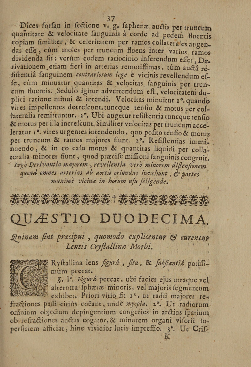 ÎDices for fan in fe&amp;ione v. g. fa pherae au dis per truncum quantitate 5c velocitate fanguinis à corde ad pedem fîuentis copiam fimiliter, 6c celeritatem per ramos collaterales augen* das efle* cùm moles per truncum fluens inter varios ramos dividçncia fit ; verùm eodem raciocinio inferendum effet, De- nvàtionem,et:iam fieri in arrerias remotiffimas, tùm au&amp;â re- Jïftentiâ fanguinem contrariorum lege è vicjnis reveliendum et* fe, eiim minuatur quantités 6c velocitas fangqinis per trun- cum fluentis. Sedulo igicur advertendnm eft, velocitatem du- plici racione minui 6c intendi* Velocitas minuitur i°.quando vires impeilentes deerefcunt,tuncque tenfio 6c motus per col- kteralia remitruntur. i\ Ubi augetur refiftentia tuncque tenfio &amp; motus per ilia increfcunt, Similiter velocitas per truncum acce- leratu r i °. vires urgentes intendendo, quo pofito tenfio6c motus per truncum 6c ramos majores fiunr. 2°. Refiftentias immil nuendo, 6c in eo cafu motus 6c quantitas liquidi per colla- teralia minores fiunr 5 quod præcifè miffioni fanguinis congruité Br go Derivantia majorent , reyellentia veto minorem difienfionem ejaoad omnes art cri as ab aorta oriundas invehunt 5 &amp; partes maxime vicinœ in horum ufiu feligende. QUÆSTIO DUODECIMA. ^ * \ * ' 't, fihiinam fini çrœcipui , quomodo explïcentur &amp; curentm Lentis Cryftalhnœ Morbi. Ryftaliina lens figura , fittt, &amp; fiubfitantid potifli- mùm pcccai. §. l\ Figura peccats ubi faciès ejus utraque vel altenura (phæræ minoris, vel majoris Tegmentum exhibée* Priori vitio fit iü. ut radii majores re~. fradiones pa.ffi ciciùs codant, onde myopia. i°. Ut radiorunv omnium ohjectum depingentium congeries in arclius jfpatium ob refraéïiones au£tas cogatOr,6c minorem organi viforii ïu- perficiem affidat, hinc vividior iucis impreffio. 3*. Uc Crif- K ’v *