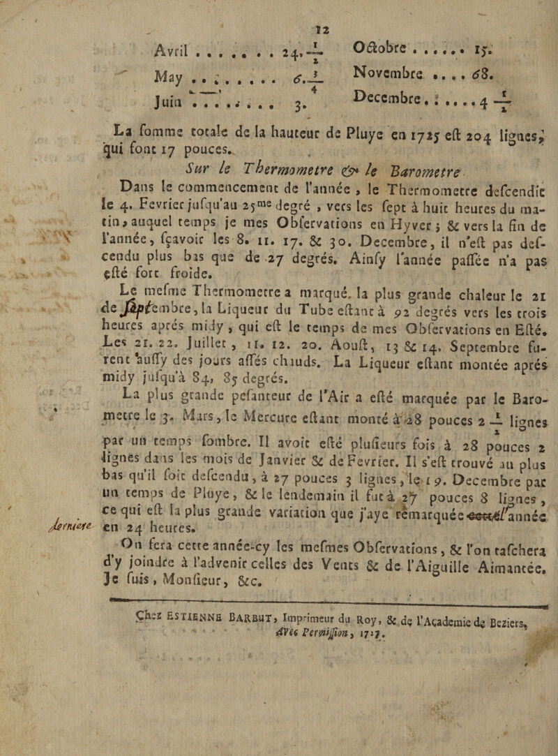 Jettum 52 Avril . . . ,, . A 24,-i- Octobre . ,,. ij. May 6.JL Novembre ». .. d8. Ls fomme tocsle de Is hauteur de Pluys en 1725 eft 204 lignes, gui font 17 pouces. 0 Sur le Thermomètre e&gt; le Baromètre Dans !e commencement de l'année , le Thermomètre defcendic le 4. Février jufqu’au 25“= degré , vers les fept à huit heures du ma¬ tin,auquel temps je mes Obfervations en Hyverj &amp; vers la fin de l'année, fçavoir les 8. xi. 17. &amp; 30. Décembre, il n'eft pas def- cendu plus bas que de 27 degrés. Ainfy l'année paflec n'a pas cfté fore froide. Le mefme Thermomètre a marqué.. U plus grande chaleur .le 21 de Jâp^eTibre , la Liqueur du Tubeeftantà 92 degrés vers les crois heures apres mi jy , qui eft le temps de mes Obfervations en Efté* Les 2i* 12» Juillet 5 n« 12. 20. Aouft, 13 5c 14* Septembre fu¬ rent aufly des jours afïss chauds.■ La Liqueur eftant montée après- midy jùfqu'à 84? 8j degrés, La plus grande pefanteur de l'Air a efté marquée par le Baro¬ mètre le ;3&gt; Mars 3 le Mercure eftanr monté à &gt;28 pouces 2 -i lignes par un temps fornbre. Il avoir efté plufîeurs fois à 28 pouces 2 lignes dans les mois de Janvier &amp; de Février. Il s’eft: trouvé au plus bas qu’il fois defeendu, à 27 pouces ? lignes ,1e-i 9. Décembre par un temps de Pluye, &amp; le lendemain il fut à 27 pouces 8 lianes 9 ce qui eft la pms grande variation que j’aye remarquée&lt;€G$Ml^anné€. en 24 heures. # 0,1 fera cette année-cy les mefmes Obfervations 5 &amp; lron tafehera d&gt; joindre à l’advenir celles des Vents &amp; de l’Aiguille Aimantée, Je fuis, Moafieur, &amp;c. gàez Es tienne BAREUT, Imprimeur du Roy, &amp;.dç l’Academie de Beziers. 4^6 Fërwjfim, 1717. ** y ' ; ; J ' ; . / •t. /