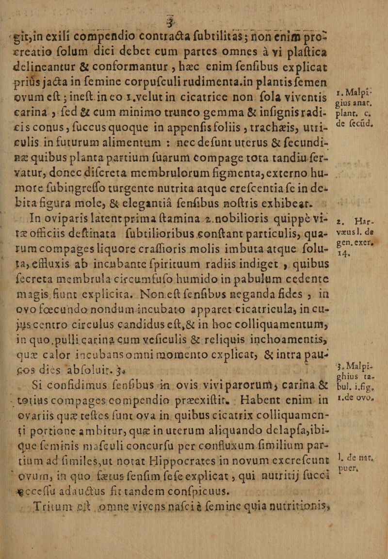 git,in exili compendio contra&amp;afubtilitas* non enim pro¬ creatio folum dici debet cum partes omnes avi plaftica delineantur &amp; conformantur 5 hatc enim fenfibus explicat prius jadta in femine corpufculi rudimenta.in plantisfemen ovum cft ; ineft in eo i.velut in cicatrice non fola viventis earina &gt; fed &amp; cum minimo trunco gemma &amp; infignisradi¬ cis conus,fuccusquoque in appenfisfoliis , tracheis, utri¬ culis in futurum alimentum : nec defunt uterus &amp; fecundi- * rx quibus planta partium fuarum compage tota tandiu fer¬ vatur, donec difereta membrulorum figmenta, externo hu¬ more fubingreffo turgente nutrita atque crefcentia fe in de* bita figura mole, &amp; elegantia fenfibus nolitis exhibear. In oviparis latent prima (lamina z,nobilioris quippe vi- tx officiis deftinata fubtilioribus conflant particulis, qua¬ rum compages liquore craffioris molis imbuta atque folu- ta, effluxis ab incubante fpirituum radiis indiget , quibus fecreta membrula circumfufo humido in pabulum cedente magis fiunt explicita. Non ell fenfibus neganda fides , in ovo foecundo nondum incubato apparet cicatricula, in cu- centro circulus candidus eft,8c in hoc colliquamcntum, in quo,pulli carina cum veficulis &amp; reliquis inchoamcntis, qute calor incubans omni momento explicat, &amp; intra pau¬ cos dies 'abfoluir. Si confidimus fenfibus fi-n ovis vivi parorurfi) carina &amp; • totius compages compendio prseexiftir. Habent enim in ovariis qure tellcs fune ova in quibus cicatrix colliquamcn- p portione ambitur, quae in uterum aliquando delapia,ibi* que feminis mafeuli concurfu per confiuxum fimilitim par¬ tium ad funiles,ut notat Hippocrates in novum excrefcunt ’ ovum, in quo fetus fenfim fefeexplicat, qui nutriti; fuccl .«ccclfu adaudius fit tandem confpicuus. Tritum .ejl omne vivens nafeie femine quia nutritionis» i. Malpr gius anar. piant, c. de fecud. 2. Har- vaeusl. ds gen.exer. 14. Malpi- ghius ta¬ bui. i.fig, i.de avo. 1. de MX, puer.