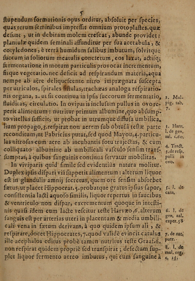 . f ftupendum formationis opus orditur, abfoluit per fpecles, quas rerum feminibus impreflit omnium protoplaftes.qua: defunt , ut in debitam molem crefcat, abunde providet: plamufe quidem feminali affunditur per fuaacetabula, &amp; cotyledones, e terra humidum falibus imbutum, folvitque fuccum in foliorum mcatulis coneretum t eos laxat, a&amp;ifq; ftrmentationc in motum particulis provocat incrementum, fiiquc vegetatio.nec deficit ad refpirandum materia,aqua nempe ab aere deliquefcente nitro impraegnata fufcepta per utriculos, fpirales fiftulas,tracheas analoga refpiratio. nis organa, a. ut fit continua in ipfis fuccorum fermentatio, fluiditas, circulatio. In ovipat is inclufum pullus in ovore- pcrit alimentum : nutritur primum albumine^quo abfump- to vitellus fufficit, ut probat in utrumquediffuTa umbilica, Tium propagOjj.rcfpirat non aerem fub obtufa teffe parte reconditum,ut Fabricius potat, fed quod Mayou,4,particu¬ las nitrofas cum aere ab incubantis fotu trajeftas, &amp; cum colliquato albumine ab umbilicali vafculo fenfimtranfi, fumpcas, a quibus fanguinis continua fervatur mobilitas. In viviparis quid fimile fed evidentius natura molitur. Duplex ipfis difpari via fuppetit alimentum: alterum liquor eft itf glandulis amnij fecretus, quem ore fenfim abforbet fetus,ut placet Hippocrat.^.probatque gratusipfius fapor, confidentia ladi aquofo fimilis, liquor repertus in faucibus &amp; ventriculo non difpar, excrementum quoque in intefli-j nis quafi idem cum la£te vcfcitur tefteHarvato,6.alterum fanguis eft per arterias uteri in placentam &amp; media umbili¬ cali vena in fetum derivans, a quo quidem ipfum ali , &amp; refpirare.docet Hippocrates,7,quod valide evincit catulus ille acephalos editus probe tamen nutritus tefte Graaf.d. non refpirat quidem proprie fed tranfpirat $ defeftum fup-- plcc liquor fermento aereo imbutus, qui eum faiiguinc a 2. Mal- pig. tab. 7. . I. Hari?. 1. de ger?. aal. ct6oa 4. fra&amp;. $.derefp„ pulli ia ovo* f. 1. de carn* 6. L de' gen, aal. exper.jS; c 7* de nar* puer* * &amp; l. de mu!, org^. Itr.