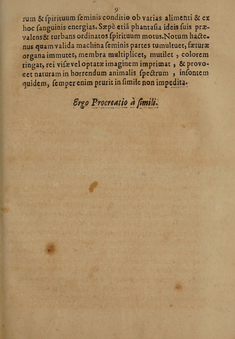 9 funi &amp;fpirituum feminis conditio ob varias alimenti &amp; ex hoc fanguinis energias. Saepe etia phantafia ideis fuis p:x- valcns&amp; turbans ordinatos fpirituum motus.Notum ha&amp;e- nus quam valida machina feminis partes tumultuet, fetura: organa immutet, membra multiplicet, mutilet , colorem tingat, rei vife vel optata imaginem imprimat, &amp;provo* cet naturam in horrendum animalis fpe&amp;rum , infontem quidem, femper enim prurit in fimile non impedita» Brgo ProcrMtio a jtmili.