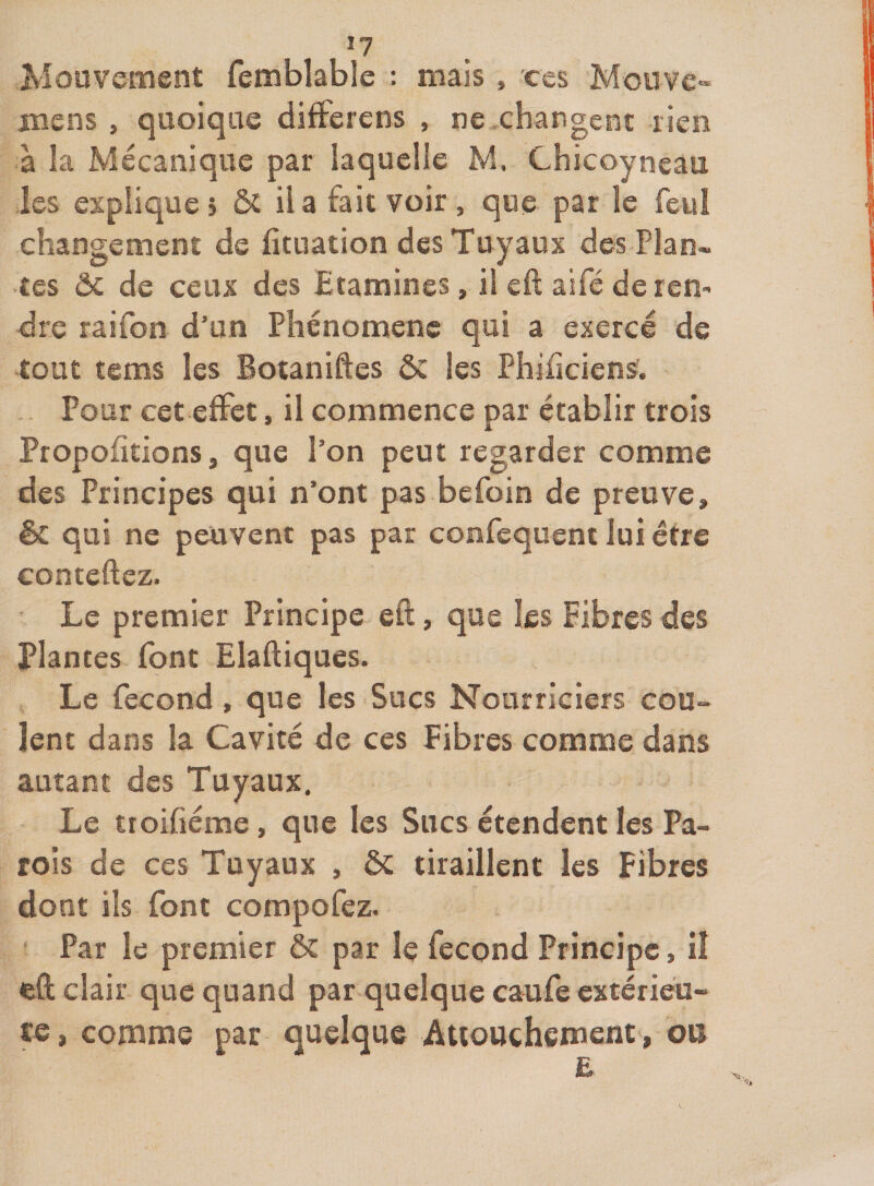 ï? Mouvement femblabîe : mais , ces Meuve» mens , quoique differens , ne changent tien à la Mécanique par laquelle M. Chicoyneau les explique» ÔC il a fait voir, que par le feu! changement de fituation des Tuyaux des Plan¬ tes ôc de ceux des Etamines, il eft aifé de ren¬ dre raifon d’un Phénomène qui a exercé de tout tems les Botaniftes ôc les Phificiens^ Pour cet effet, il commence par établir trois Propofitions, que l’on peut regarder comme des Principes qui n’ont pas befoin de preuve, êc qui ne peuvent pas par confequent lui être conteftez. Le premier Principe eft, que les Fibres des plantes font Elaftiques. Le fécond, que les Sucs Nourriciers cou¬ lent dans la Cavité de ces Fibres comme dans autant des Tuyaux. Le ttoifiéme, que les Sucs étendent les Pa¬ rois de ces Tuyaux , ÔC tiraillent les Fibres dont ils font compofez. Par le premier ôc par le fécond Principe, il eft clair que quand par quelque caufe extériéu- ï€, comme par quelque Attouchement, ou