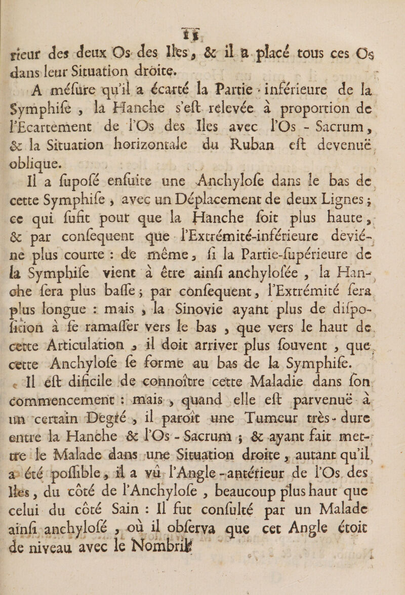 dans leur Situation droite. A méliire qu’il a écarté la Partie * inférieure de la Symphilê , la Hanche s’eft relevée à proportion de rÊcartemenc de TOs des lies avec l’Os - Sacrum, ôc la Situation horizontale du Ruban eft devenue oblique. Il a fupofé enfuitê une Anchylole dans le bas de cette Symphife , avec un Déplacement de deux Lignes j ec qui fufit pour que la Hanche foit plus haute , - ôc par conlèquent que l’Extrémité-inférieure devié- ne plus courte : de mêmej h la Partie-fupérieure de h Symphilè vient à être ainli anchylofée , la Haiv ohe lêra plus baffe i par conlèquent, l’Extrémité lèra plus longue : mais , la Sinovie ayatit plus de dilpo- ficion à le ramallèr vers le bas , que vers le haut de cette Articulation a al doit arriver plus Ibuvent , que. cette Anchylolè lè forme au bas de la Symphile. ; Il eft dilicile de connoîcre cette Maladie dans ibn commencement : nïais > quand elle eft parvenue à un certain Dégté , il paroît une Tumeur très - dure entre la Hanche &amp; l’Os- Sacrum ; &amp; ayant fait met¬ tre le Malade dans une Situation droite , autant qu’if a été poffible, il, a vu l’Angle - antérieur de l’Os, des lies, du côté de l’Anchylofe , beaucoup plus haut que celui du côté Sain : Il fut confulté par un Malade ainfi anchylofé , où il oblèrva que cet Angle étoic de niveau avec le Nombriif