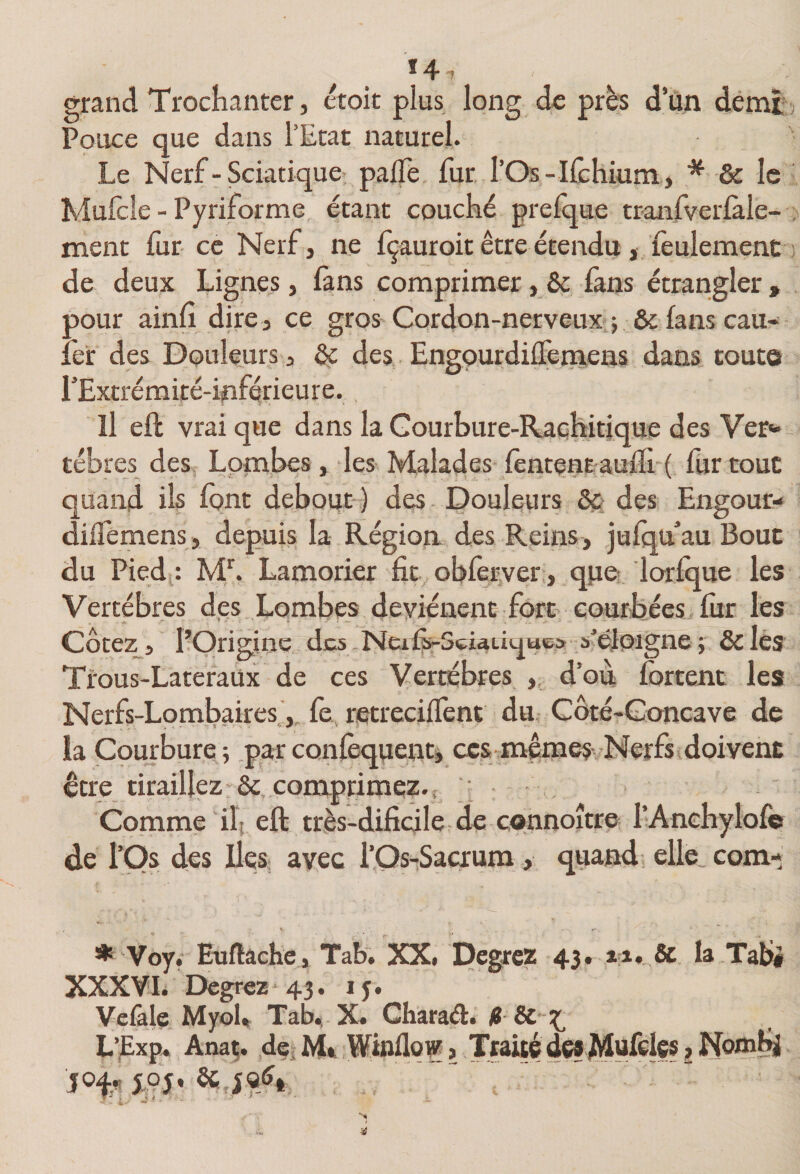 ^ *4. grand Trochanter, étoit plus long de près d’un dèmî v Pouce que dans l’Etat naturel. Le Nerf - Sciatique palTe fur rOs- Ilchium , * ôc le Muicle - Pyriforme étant couché prelque tranfverlàle- ; ment fur ce Nerf, ne fçauroit être étendu, lèulemenc ; de deux Lignes, fans comprimer, &amp; dans éttaiigler , pour ainli dire, ce gros Cordon-nerveux- ; &amp; fans eau* 1er des Douleurs, &amp; des Engpurdiffenaens dans toute rExtrémité-inférieure. Il eft vrai que dans la Gourbure-Rachitique des Ver*> tébres des, Lombes, les Malades fêntent-auffi-l fUr tout quand ils font debout-) des - Douleurs ôc des Engour- dilTemens , depuis la Région des Reins, jufqu au Bouc du Pied^: M^. Lamorier fit obferyer, que lorfque les Vertèbres des Lombes deyiénent fort courbées fur les Cotez, l'Origine des.NeifirScidtique* s'éloigne ; ôcles Trous-Lateraüx de ces Vertèbres , d’out fbrtenc les Nerfs-Lombaires,,, fe, retrecilTent du Côté-Concave de la Courbure 5 par confèquentj ocs-mêmes- Nerfs doivenc être tiraillez*&amp; comprimez., ■ , Comme ili eft très*dificile de connoître rAncbylofe de rps des Iles, avec l’Os-îSacrum, quand elle com-* ♦'Voy. Euflâche, Tab. XX. Degrez 43. u. &amp; la Tabi XXX¥I. Etegrez • 43. i y. Vciâle MyoU Tab., X. Chara(JI. L’pxp. Anaç. déi M* Winflq^, Traité dw