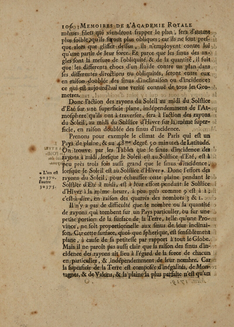 IO^otMeMOIRJBS DE h’&amp; Q AP E,M IE RqYALE^ menées filetBiqpi viendront frapper le pian , fera d’autant pli^;faîfetoqu’ibi plus, obliques ; car'iis ne font pref- querftfcfc que giiffeîrijdfffus g , ils n’empioyent contre lui qu’nïî^ partie de jleur forcer Et: parce que les finus des an¬ gles font la mefure de iobliquité; &amp; de la quantité, il fuit que le$i differents’ chocs d’un fluide contre un plan dans fes differentes dire^lipns ôu obliquités, feront entre eux * en raifon>;doublée finu* d’inclinaifpn pu d’incidence’: ce qUf pft^n^drffjhui une terhé connuë 4ec|op5 les Geo- J, a métrés,; iuj ■ ; ■ # . st Donc l’aélion des rayons du Soleil au midi du Solftice d’Eté fujr uoe fuperficie plane, indépendemment dç l’At- . mofphere-qu’ils ont à tove.rfer, fera à l’aétion des rayons, t du Soleil , au midi du Soiftiçe d’Hiver fur laimême fuper> ficie, en raifon ddublée des finus d’incidence. . a f Prenons pour exemple le climat de Paris qui eft un .1 Pays ;deplaine, &amp;^u 48^'dégré. 5 o minutekcfeLatiittidew 'VJAt&amp;n • trowe. par les Tables que Je finus^ dincidence? des j:!ifajS>iteà'ïnidi,dorfque je Soleil eft au.Sojftice d’Eté, eft à uüox^eu près trois fois auffi grand que le finus * d’incidence, * L\m eft lorfqûe le Soleil eft au, Solftice d’Hiver f. Donc l’effort des rayons du Soleil, pour échauffer cette plaine pendant le Sojftiee d’Etjé ir midi* eft à léur effort pendaüt ie Solftice d’Hïver à la meme .heure, à peu prés comme 9 eft à 1 ; c’eft-à-dire v fen : raifon des quarrés des nombres 3 &amp; u j : > li n y a pas de difficulté que .le nombre ou la quantité de payons qui tombent fur un Pays particulier, ou fur une petiteiportion de la. furfaco de la Terre> telle? qu^une Pro vinceYpe foit proportionnelle aux finus, da-idui!' inclinai- lon* C^rcetteffurface,quoi-que fpheriqüe, eft fenfiblèment plaiie, à caufe de la petiteflè par rapport à tout le Globe. Mais: il ne paroît pas aufli clair que la raifon des finus d’in¬ cidence des ^rayons ait lieu à l’égard/de la force de chacun en?particulier, &amp; findépendemment de leur nombre. Car la fiiperficie de la Terre eft compofée d’inégalités, de Mon- ^agpcs, &amp; de Valdns, &amp;. la plainela plus parfaite n’èft qu’un 90370, l’autre 3 °375- : *