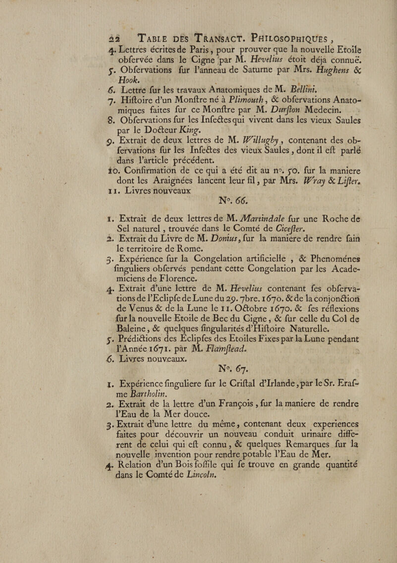 4. Lettres écrites de Paris, pour prouver que la nouvelle Etoile obfervée dans le Cigne par M. Hevelius étoit déjà connue*. y. Obfervations fur Panneau de Saturne par Mrs. Hughens ôc Hook. . 6. Lettre fur les travaux Anatomiques de M. Bellini. 7. Hifloire d’un Monflre né à Plimouth, ôc obfervations Anato¬ miques faites fur ce Monflre par M. Durflon Médecin. 8. Obfervations fur les InfeCtes qui vivent dans les vieux Saules par le DoCteur p. Extrait de deux lettres de M. Vt^illugby, contenant des ob¬ fervations fur les Infedes des vieux Saules, dont il eft parlé dans l’article précédent. îo. Confirmation de ce qui a été dit au n°. yo. fur la maniéré dont les Araignées lancent leur fil, par Mis. Wray Ôc Lifter. 11. Livres nouveaux N°. 66. ï. Extrait de deux lettres de M. Martindale fur une Roche de Sel naturel, trouvée dans le Comté de Cicefter. 2. Extrait du Livre de M. Donius, fur la maniéré de rendre fain le territoire de Rome. 3. Expérience fur la Congélation artificielle , ôc Phénomènes finguliers obfervés pendant cette Congélation par les Acadé¬ miciens de Florence. 4. Extrait d’une lettre de M. Hevelius contenant fes obferva¬ tions de l’Eclipfe de Lune du 2p. ybre. 1670. ôc de la conjonction de Venus ôc de la Lune le 11. Octobre 1670. ôc fes réflexions fur la nouvelle Etoile de Bec du Cigne, ôc fur celle du Col de Baleine, ôc quelques Angularitésd’Hiftoire Naturelle. 5. Prédictions des Eclipfes des Etoiles Fixes par la Lune pendant l’Année 1671. par M. Flamftead» 6. Livres nouveaux. N°. 6j. j. Expériencefinguliere fur le Criftal d’Irlande,par leSr. Eraf- me Bartholin. 2. Extrait de la lettre d’un François, fur la maniéré de rendre l’Eau de la Mer douce. 3. Extrait d’une lettre du même, contenant deux expériences faites pour découvrir un nouveau conduit urinaire diffe¬ rent de celui qui eft connu, ôc quelques Remarques fur la nouvelle invention pour rendre potable l’Eau de Mer. ,4. Relation d’un Bois foflile qui fe trouve en grande quantité dans le Comté de Lincoln.