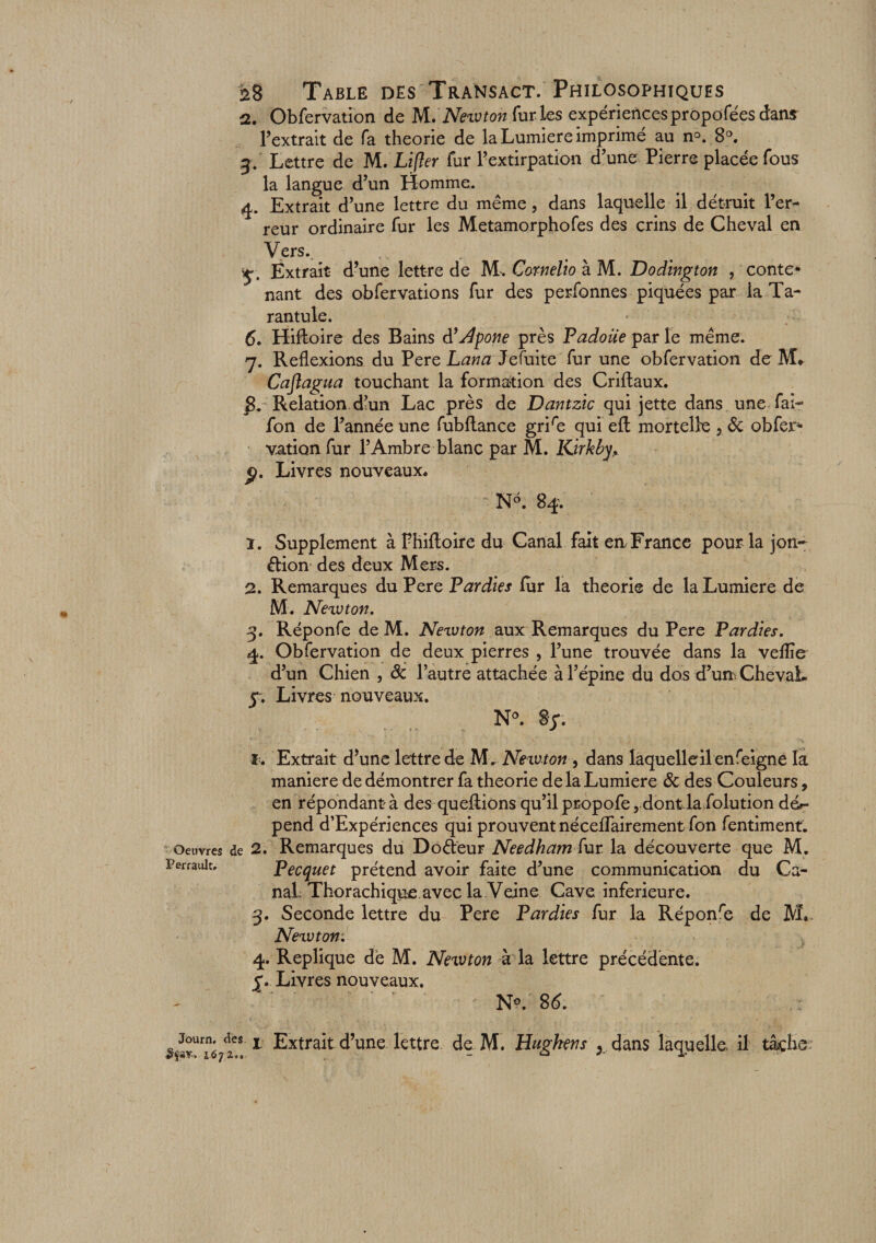 а. Obfervation de M. Newton furies expériencespropofées dans l’extrait de fa théorie de la Lumière imprimé au n°. 8°. Lettre de M. Lifter fur l’extirpation d’une Pierre placée fous la langue d’un Homme. 4. Extrait d’une lettre du même, dans laquelle il détruit l’er¬ reur ordinaire fur les Metamorphofes des crins de Cheval en Vers. y. Extrait d’une lettre de M. Cornelio à M. Dodington , conte* nant des obfervations fur des perfonnes piquees par la Ta- rantule. б. Hiffoire des Bains d’Apone près Padoüe par le même. 7. Reflexions du Pere Lana Jefuite fur une obfervation de M* Caflagua touchant la formation des Criflaux. 8. Relation, d’un Lac près de Dantzic qui jette dans une fai- fon de l’année une fubftance grire qui efl; mortelle 5 de obfer* vation fur l’Ambre blanc par M. Kirkby, p. Livres nouveaux. N®. 84. ï. Supplément à Phiftoire du Canal fait en France pour la jon- dion des deux Mers. 2. Remarques du Pere Pardies fur la théorie de la Lumière de M. Neivton. 3. Réponfe de M. Neivton aux Remarques du Pere Pardies. 4. Obfervation de deux pierres , l’une trouvée dans la veflie d’un Chien , de l’autre attachée à l’épine du dos d’unChevaL 5*. Livres nouveaux. N°. 8f . I. Extrait d’une lettre de M* Newton , dans laquelle il enfeigne la maniéré de démontrer fa théorie de la Lumière de des Couleurs, en répondant à des queftions qu’il propofe, dont la folution dé«~ pend d’Expériences qui prouvent néceflairement fon fentiment. Oeuvres de 2. Remarques du D odeur Needham fur la découverte que M. Perrault. Pecquet prétend avoir faite d’une communication du Ca¬ nal Thorachiqpe. avec la Veine Cave inferieure. 3. Seconde lettre du Pere Pardies fur la Réponfe de M. New ton. 4. Répliqué de M. Newton à la lettre précédente. £. Livres nouveaux. . N*. 86.