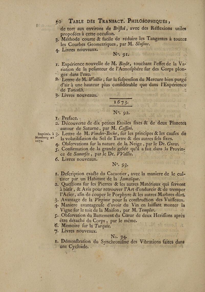 de tort aux environs de Brijîol, avec des Réflexions utiles propofées à cette occafîon. 3. Méthode courte 6c facile de réduire les Tangentes à toutes les Courbes Géométriques, par M. Slufius. 4. Livres nouveaux. N°. 91. 1. Expérience nouvelle de M. Boy le, touchant l’effet de la Va¬ riation de la pefanteur de l’Atmofphére fur des Corps plon- gés dans l’eau. 5. Lettre de M .Wallis -, fur la fufpenfîon du Mercure bien purgé d’air à une hauteur plus confidérable que dans l’Expérience de Toricelli. 1 3* Livres nouveaux. l673- N°. 92. ï. Préfacé. 2. Découverte de dix petites Etoiles fixes ôC de deux Planètes autour de Saturne, par M. Cajjini. Imprimé* i 3. Lettre de M. Vonder-Becke, fur les principes 6c les caufes de Hambourg volatilifation du Sel de Tartre 6c des autres fels fixes. 4. Obfervations fur la nature de la Neige , par le Dr. Grew. j*. Confirmation de la grande gelée qu’il a fait dans la Provint ce de Somerfet, par le Dr. Wallis. 6. Livres nouveaux. N°. 93. 1. Defcription exacte du Cacaotier, avec la maniéré de le cul¬ tiver par un Habitant de la Jamaïque. 2. Queftions fur les Pierres 6c les autres Matériaux qui fervent à bâtir, 6c Avis pour retrouver l’Art d’endurcir 6c de tremper l’Acier, afin de couper le Porphyre 6c les autres Marbres dûr§. 3. Avantage de la Virginie pour la conflruétion des Vaiffeaux. 4. Maniéré avantageufe d’avoir du Vin en laiffant monter la Vigne fur le toit de la Maifon, par M. Templer. y. Obfervation du Battement du Cœur de deux Heriffons après être détaché du Corps , par le même. ;6. Mémoire fur la Turquie. 7. Livres nouveaux. No. 1. Démonflration du Synchronifme des Vibrations faites dans une Cycloide.