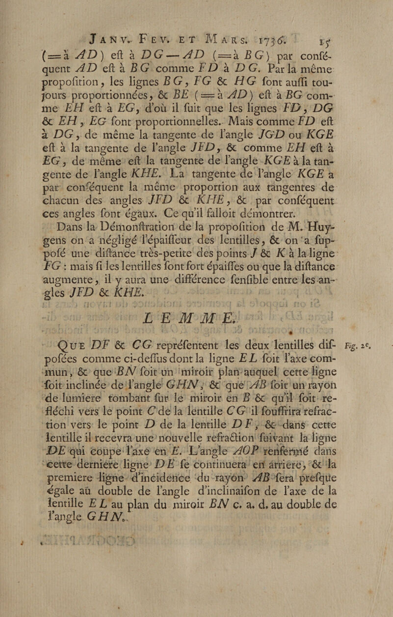 ( = à AD) eft à DG — AD ( == à £ G ) par confé- quent y/D eft à SG comme F D à DG. Par la même proportion, les lignes F G, FG ôc H G font aufli tou¬ jours proportionnées, ôc FF ( — à AD) eft à FG com¬ me FFS eft à FG, d’où il fuit que les lignes ED, DG ôc F/J , Fg font proportionnelles. Mais comme FD eft à DG, de même la tangente de l’angle JGD ou KGE eft à la tangente de l’angle /FD, ôc comme FF/ eft à FG, de même eft la tangente de l’angle FGF à la tan¬ gente de l’angle KHE. La tangente de Pangle KGE a par conséquent la même proportion aux tangentes de chacun des angles JFD ôc KHE, &amp; par conféquent ces angles font égaux. Ce qu’il falloit démontrer. Dans la Démonstration de la proposition de M. Huy- gens on a négligé lepaiffeur des lentilles,&amp; on a fup- poSé une diftance très-petite des points / ôc F à la ligne FG : mais fi les lentilles font fort épaiffes ou que la diftance augmente , il y aura une différence fenfible entre les an¬ gles JFD ôc KHE. L E M M ilJ • • ' ■; ■■ &gt;■ '■/ ■ - 5 ■ • • • * • • * Que DF ôc CG repréfentent les deux lentilles dif- Fig. ic. pofées comme ci-deffus dont la ligne EL foit l’axe com¬ mun, ôc que B N foit un miroir plan auquel cette ligne foit inclinée de l’angle GHN3 ôc que AB foit un rayon de lumière tombant fur le miroir en F ôc qu’il foit ré¬ fléchi vers le point C de la lentille CG il fouffrira refrac¬ tion vers le point D de la lentille DF, ôc dans cette lentille il recevra une nouvelle refraêtion fuivant la ligne DF qui coupe Taxé en F. L’angle AGP renfermé dans cette derniere ligne DE fe continuera en arriéré, ôc la première ligne d’incidence du rayon AB fera prefque égale au double de l’angle d’inclinaifon de l’axe de la lentille F F au plan du miroir BN c. a. d. au double de l’angle GHN,.