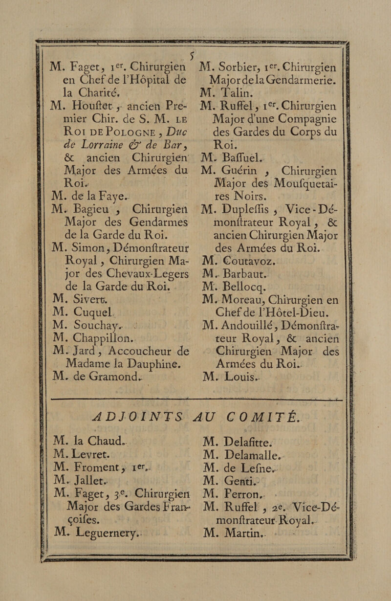 en Chef de THopital de la Charité. M. Houftet 5 ancien Pre¬ mier Chir. de S. M. le Roi de Pologne ^ Duc de Lorraine &amp; de Bar ^ ôc ancien Chirurgien Major des Armées du Roi. M. de la Faye. M. Bagieu Chirurgien Major des Gendarmes de la Garde du Roi. M. Simon;, Démonftrateur Royal, Chirurgien Ma¬ jor des Chevaux-Legers de la Garde du Roi. M. Sivert'. M. Cuquel. M. Souchay.- M. Chappilion. M. Jard^ Accoucheur de Madame la Dauphine. M. de Gramond.- J Major de la Gendarmerie. M. Talin. AI. Ruffel ^ i^^ Chirurgien Major d’une Compagnie des Gardes du Corps du Roi. M, Baffuel, M. Guérin ^ Chirurgien Major des Moufquetai- res Noirs. M. Dupleffis ^ Vice-Dé- monftrateur Royal ^ ôc ancien Chirurgien Major des Armées du Roi. M. Coutavoz. M.- Barbaut.- M. Bellocq. M. Moreau^ Chirurgien en Chef de THotel-Dieu. M. Andouillé^ Démonftra-^ teur Royal ^ ôc ancien Chirurgien Major des Armées du Roi.^ M. Louis.^ ü ADJOINTS AU COMITÉ. M. la Chaud. M. Levret. M. Froment^ M. Jallet.' M. Faget^ 3®. Chirurgien Major des Gardes Franr çoifes. M. Leguernery.^ M. Delafitte. M. Delamalle. M. de Lefne. M. Genti. M. Perron.- M. Ruffel ^ 2e. Vice-Dé- monftrateur Royal,' M. Martin.-