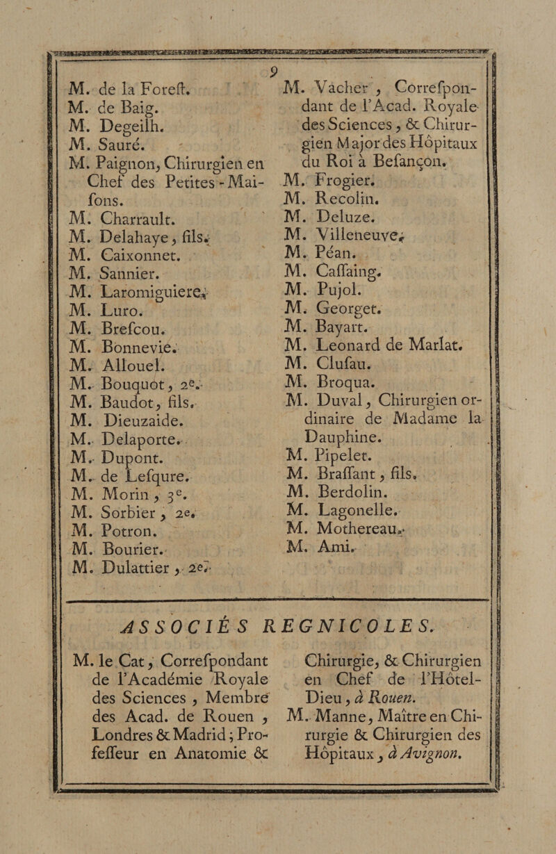 M. de la Foreft. Aî. Vacher , Correfpon¬ M. de Baig. dant de PAcad. Royale- M. Degeilh. des Sciences, &amp; Chirur¬ M. Sauré. gien M ajor des Hôpitaux M. Paignon, Chirurgien en du Roi à Befançon. Chef des Petites - Mai- M. Frogier. fons. M. Recolin. M. Charrault. Al. Deluze. M. Delahaye, filSir M. Villeneuve^ M. Caixonnet. M. Péan. M. Saunier. M. Caffaing. M. LaromiguierCr M. Pujol. M. Luro. M. Georeet. 0 M. Brefcou. M. Bayart. M. Bonnevie.' M. Leonard de Marlat. M. Allouel. M. Clufau. M. Bouquôt, 2^.- AI. Broqua. M. Baudot, fils. AI. Duval, Chirurgien or¬ M. Dieuzaide. dinaire de Aiadame la M. Delaporte. Dauphine. M. Dupont. M. Pipelet. M. de Lefqure. M. Braflant, fils. M. Morin , M. Berdolin. M. Sorbier, 2e. M. Lagonelle. M. Potron. M. Mothereau«‘ M. Bourier. M. Ami.- M. Dulattier , 2e7* de TAcadémie Royale des Sciences , Membre des Acad, de Rouen , Londres ôc Madrid ; Pro- feffeur en Anatomie ôc en Chef de i'Hôtel- Dieu^ à Rouen, M. Manne, Maître en Chi¬ rurgie ôc Chirurgien des Hôpitaux J â Avignon, ASSOCIÉS REGNICOLES.