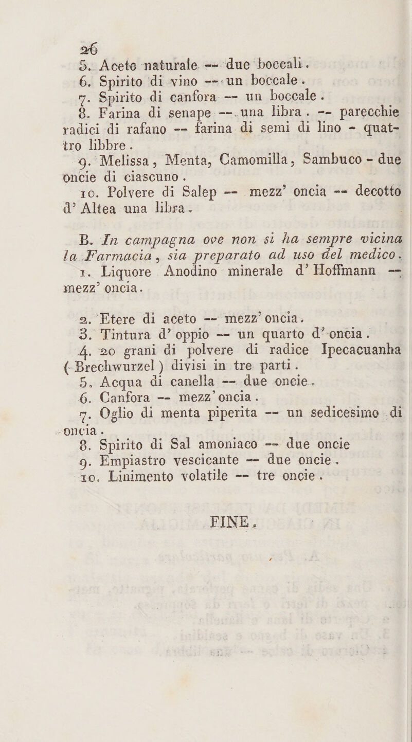 6. Spirito di vino — un boccale. 7. Spirito di canfora — un boccale . 8. Farina di senape — una libra. — parecchie radici di rafano — farina di semi di lino - quat¬ tro libbre. 9. Melissa, Menta, Camomilla, Sambuco - due oncie di ciascuno . 10. Polvere di Salep — mezz’ oncia — decotto d’ Altea una libra . B. In campagna ove non si ha sempre vicina la Farmacia, sia preparato ad uso del medico. 1. Liquore Anodino minerale d’Hoffmann — mezz5 oncia. а. Etere di aceto — mezz’ oncia. 3. Tintura d’oppio — un quarto d’oncia. .4. ao grani di polvere di radice Ipecacuanha ( Brechwurzel ) divisi in tre parti. 5, Acqua di canella — due oncie. б. Canfora — mezz’oncia. 7. Ogìio di menta piperita — un sedicesimo di oncia. 8. Spirito di Sai amoniaeo — due oncie 9. Empiastro vescicante — due oncie . 10. Linimento volatile — tre oncie . FINE,