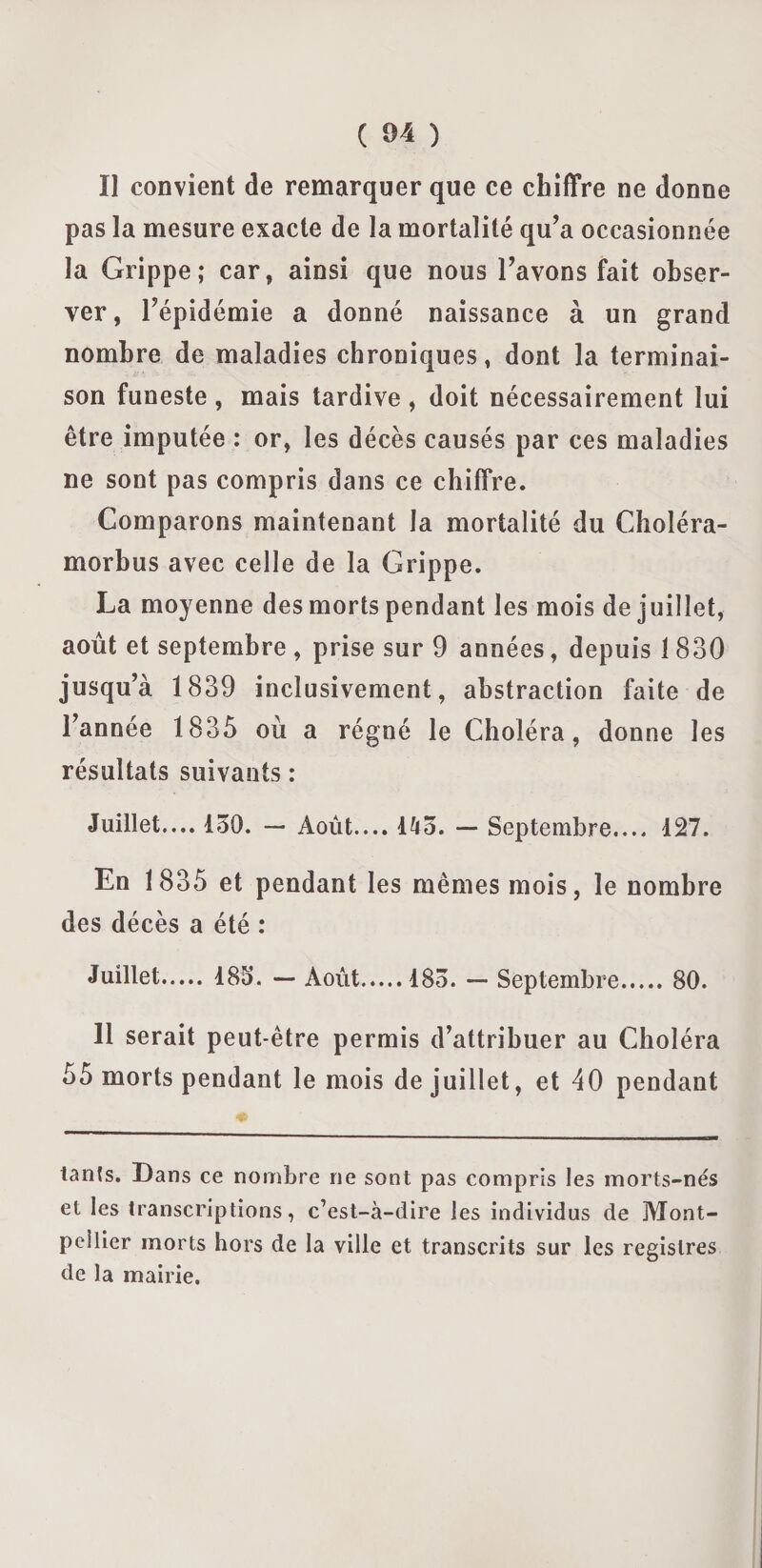 Il convient de remarquer que ce chiffre ne donne pas la mesure exacte de la mortalité qu’a occasionnée la Grippe; car, ainsi que nous l’avons fait obser¬ ver, l’épidémie a donné naissance à un grand nombre de maladies chroniques, dont la terminai¬ son funeste , mais tardive , doit nécessairement lui être imputée : or, les décès causés par ces maladies ne sont pas compris dans ce chiffre. Comparons maintenant la mortalité du Choléra- morbus avec celle de la Grippe. La moyenne des morts pendant les mois de juillet, août et septembre , prise sur 9 années, depuis 1830 jusqu’à 1839 inclusivement, abstraction faite de l’année 1835 où a régné le Choléra, donne les résultats suivants : Juillet.... 130. — Août.... 143. — Septembre.... 127. En 1835 et pendant les mêmes mois, le nombre des décès a été : Juillet. 183’. — Août.183. — Septembre.80. 11 serait peut-être permis d’attribuer au Choléra 55 morts pendant le mois de juillet, et 40 pendant tarifs. Dans ce nombre ne sont pas compris les morts-nés et les transcriptions, c’est-à-dire les individus de Mont¬ pellier morts hors de la ville et transcrits sur les registres de la mairie.