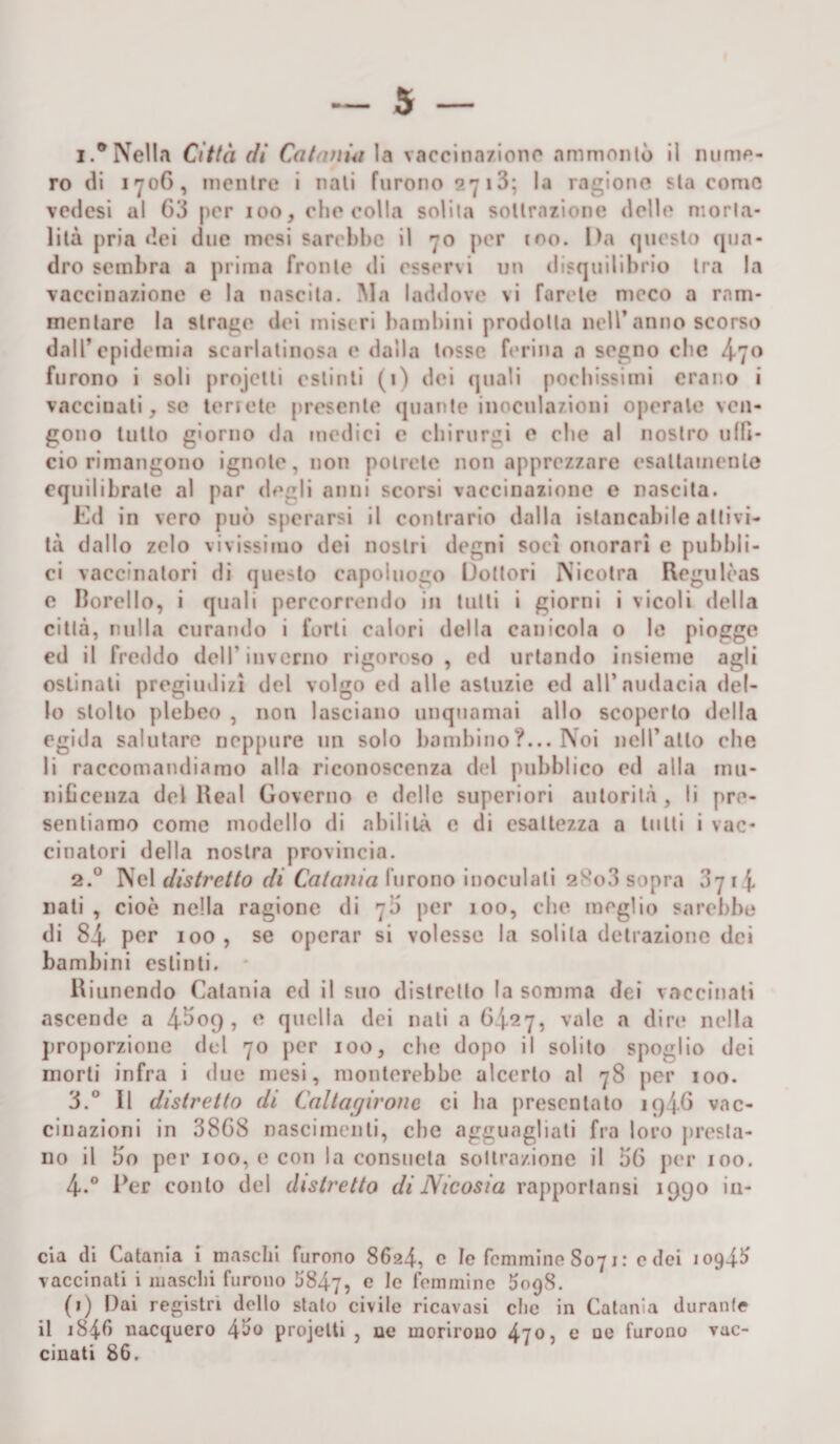 I.*Nella Città di Catania la vaccinazione ammontò il nume¬ ro di 1706, mentre i nati furono 2713; la ragiono sta come vedesi al 63 per 100, che colla solita sottrazione delle morta¬ lità pria dei due mesi sarebbe il 70 per mo. l&gt;a questo qua¬ dro sembra a prima fronte di esservi un disquilibrio tra la vaccinazione e la nascita. Ma laddove vi farete meco a ram¬ mentare la strage dei miseri bambini prodotta nell* anno scorso dall’epidemia scarlatinosa e dalla tosse ferina a segno che 4-7° furono i soli projetti estinti (1) dei quali pochissimi erano i vaccinali, se terrete presente quante inoculazioni operale ven¬ gono tutto giorno da medici e chirurgi e che al nostro ufII- cio rimangono ignote, non potrete non apprezzare esaltamento equilibrate al par degli anni scorsi vaccinazione e nascita. Ed in vero può sperarsi il contrario dalla istancahile attivi¬ tà dallo zelo vivissimo dei nostri degni soci onorari e pubbli¬ ci vaccinatori di questo capoluogo Ooltori Nicotra Regulcas e Boccilo, i quali percorrendo in tutti i giorni i vicoli della città, nulla curando i forti calori della canicola o Io piogge ed il freddo dell'inverno rigoroso, ed urtando insieme agli ostinati pregiudizi del volgo ed alle astuzie ed all’audacia del¬ lo stolto plebeo , non lasciano unquamai allo scoperto della egida salutare neppure un solo bambino?... Noi neH’atlo che li raccomandiamo alla riconoscenza del pubblico ed alla mu¬ nificenza del Beai Governo e delle superiori autorità, li pre¬ sentiamo come modello di abilità e di esattezza a tulli i vac¬ cinatori della nostra provincia. 2.0 Nel distretto di Catania furono inoculati 28o3 sopra 071 f, nati , cioè nella ragione di 70 per 100, che meglio sarebbe di 8-i per 100 , se operar si volesse la solila detrazione dei bambini estinti. Riunendo Catania ed il suo distretto la somma dei vaccinati ascende a 4^09 &gt; e quella dei nati a 64.27, vale a dire nella proporzione del 70 per 100, che dopo il solito spoglio dei morti infra i due mesi, monterebbe alcerlo al 78 per 100. 3.° Il distretto di Caltagirom ci ha presentato 194.6 vac¬ cinazioni in 3868 nascimenti, che agguagliati fra loro presta¬ no il 5o per 100, e con la consueta sottrazione il 36 per 100. 4-° Ber conto del distretto di Nicosia rapporlansi 1990 in¬ da di Catania i maschi furono 8624, c le femmine S071 : edei 10945 vaccinati i maschi furono 5847, c 1° femmine $098. (&gt;) Dai registri dello stato civile ricavasi clic in Catania durante il i84G nacquero 4^o projetti , ue morirono 470 e ne furono vac¬ cinati 86.