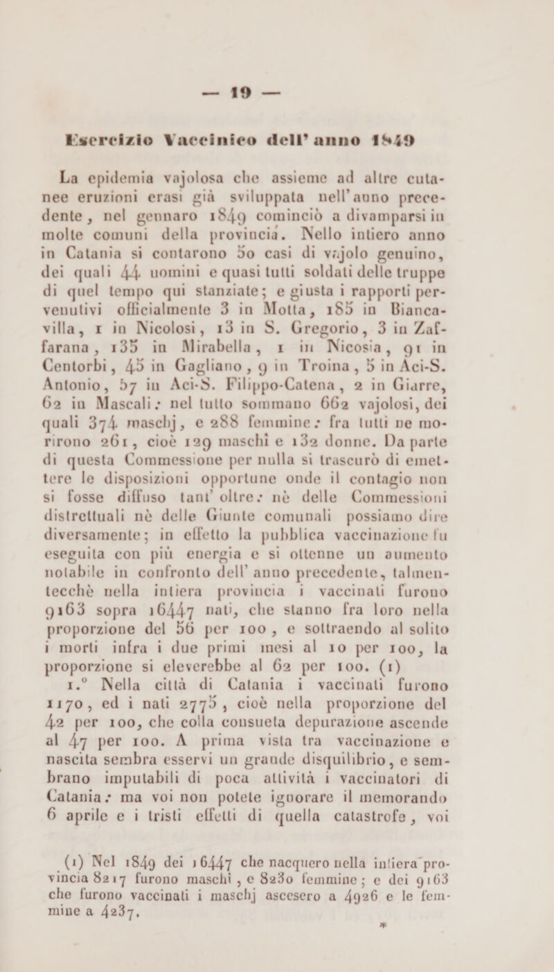 l'ìieroizio Vaocinieo cleir anno ISi9 La epidemia vnjolosa che assieme ad al Ire cuta¬ nee eruzioni crasi già sviluppala neH’auno prece¬ dente, nel gennaro i84-9 cominciò a divamparsi iu molle comuni della provincia. INello intiero anno in Catania si coniarono Do casi di Vf'jjolo genuino, dei quali 44* uomini e quasi tulli soldati delle truppe di quel tempo qui stanziale; e giusta i rapporti per¬ venutivi officialmenle 3 in Molla, i85 iu Bianca- villa, I in IVicolosi, i3 in S. Gregorio, 3 iu Zaf- farana, i35 in Mirabella, i in ISicosia, 91 in Cenlorbi, 4^ i*' Gagliano, 9 in Troina, 5 in Aci-S. Antonio, bj iu Aci-S. Fili[)po*Calena , 2 in Giarrc, 62 iu Mascali; nel tutto sommano 662 vajolosi, dei quali 374 maschj, e 288 femmine.* fra tulli ne mo¬ rirono 2G1, cioè 129 maschi c i32 donne. Da parte di questa Commessione per nulla si trascurò di emet¬ tere le disposizioni opportune onde il contagio non si fosse diffuso talli’ oltre,* nè delle Commessioni distrettuali nè delle (riueile comunali possiamo dire diversamente; in effetto la pubblica vaccinazione fu eseguila con più energia e si ottenne un aiunenlo notabile in confronto dell’anno precedente, talmen- lecchè nella intiera provincia i vaccinali furono 9163 sopra 16447 che stanno fra loro nella proporzione del 56 per 100 , e sottraendo al solilo i morti infra i due primi mesi al io per 100, la proporzione si eleverebbe al 62 per 100. (i) I.® IVella città di Catania i vaccinali furono 1170, ed i nati 2775, cioè nella proporzione del 42 |)er 100, che colla consueta depurazione ascende al 47 100- ^ prima vista tra vaccinazione e nascila sembra esservi un grande disquilibrio, e sem¬ brano imputabili di poca attività i vaccinatori di Catania.* ma voi non potete ignorare il memorando 6 aprile e i tristi effetti di quella catastrofe, voi (1) Nel 1849 ^ci 16447 che nacquero nella Intlcra'pro- vincia 8217 furono maschi , o 8260 femmine; c dei 9i63 che furono vaccinali i maschj ascesero a 4926 e le fem¬ mine a 4237,