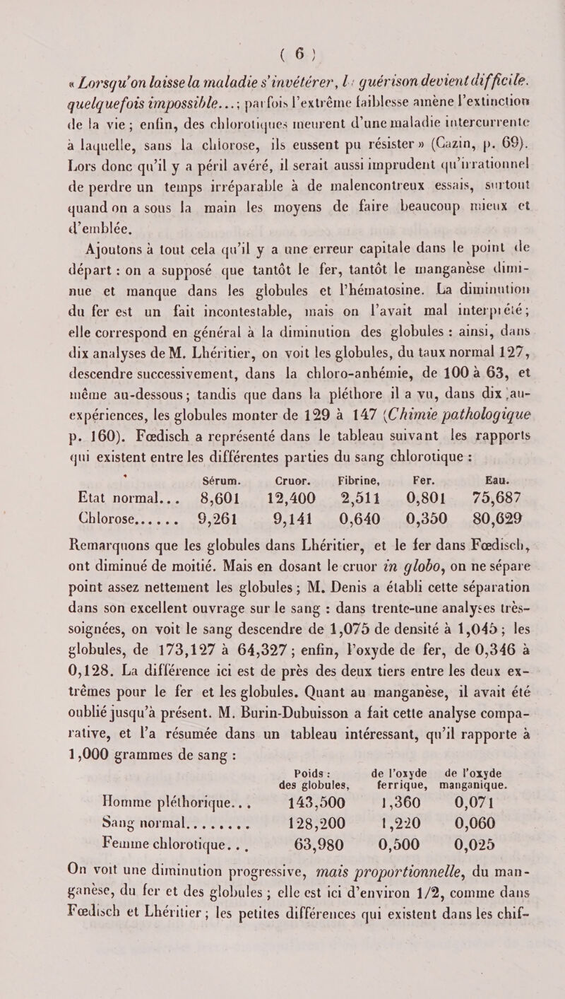 « Lorsqu on laisse la maladie s'invétérer, l guérison devient difficile, quelquefois impossible...; parfois l’extrême faiblesse amène l’extinction de la vie; enfin, des chlorotiques meurent d’une maladie intercurrente à laquelle, sans la chlorose, ils eussent pu résister » (Gazin, p. 69). Lors donc qu’il y a péril avéré, il serait aussi imprudent qu’irrationnel de perdre un temps irréparable à de malencontreux essais, surtout quand on a sous la main les moyens de faire beaucoup mieux et d’emblée. Ajoutons à tout cela qu’il y a une erreur capitale dans le point de départ : on a supposé que tantôt le fer, tantôt le manganèse dimi¬ nue et manque dans les globules et l’hématosine. La diminution du fer est un fait incontestable, mais on l’avait mal interpi été; elle correspond en général à la diminution des globules : ainsi, dans dix analyses deM. Lhéritier, on voit les globules, du taux normal 127, descendre successivement, dans la chloro-anhémie, de 100 à 63, et même au-dessous; tandis que dans la pléthore il a vu, dans dix in¬ expériences, les globules monter de 129 à 147 (Chimie pathologique p. 160). Fœdisch a représenté dans le tableau suivant les rapports qui existent entre les différentes parties du sang chlorotique : * Sérum. Cruor. Fibrine, Fer. Eau. Etat normal... 8,601 12,400 2,511 0,801 75,687 Chlorose. 9,261 9,141 0,640 0,350 80,629 Remarquons que les globules dans Lhéritier, et le fer dans Fœdisch, ont diminué de moitié. Mais en dosant le cruor in globo, on ne sépare point assez nettement les globules ; M. Denis a établi cette séparation dans son excellent ouvrage sur le sang : dans trente-une analyses très- soignées, on voit le sang descendre de 1,075 de densité à 1,045; les globules, de 173,127 à 64,327 ; enfin, l’oxyde de fer, de 0,346 à 0,128. La différence ici est de près des deux tiers entre les deux ex¬ trêmes pour le fer et les globules. Quant au manganèse, il avait été oublié jusqu’à présent. M. Burin-Dubuisson a fait cette analyse compa¬ rative, et l’a résumée dans un tableau intéressant, qu’il rapporte à 1,000 grammes de sang : Homme pléthorique... Poid9 : des globules, 143,500 de l’oxyde ferrique, 1,360 de l’oxyde manganique. 0,071 Sang normal. 128,200 1,2*20 0,060 Femme chlorotique. . . 63,980 0,500 0,025 On voit une diminution progressive, mais proportionnelle, du man¬ ganèse, du fer et des globules ; elle est ici d’environ 1/2, comme dans Fœdisch et Lhéritier; les petites différences qui existent dans les chif-