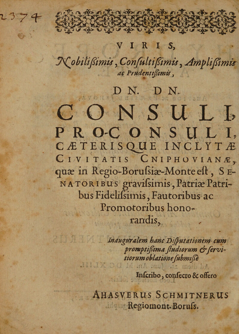 VIRIS, T^obilifimis y Conjultifiimis, Amplijftmt* ac Prudentiftmis, D N. D N» CONSULI P R O-C O N S U L I, CiETERISQJJE INCLYTA Civitatis Cniphovian m t quae in Regio-Rorufsiae-Monte eft, S e- n a tor i b u s gravifsimis, Patriae Patri¬ bus Fidelifsimis, Fautoribus ac Promotoribus hono- &gt; rarrdis &gt; Inauguralem hanc Dtfjmtationem cum promptifima Jludiorum &amp; fer vi¬ tiorum oblationefubmtfe V •' r“ • j. t i ii. tt t, f-j % . , ' • Infcribo, confecro &amp; offero Ahasverus Schmitnerus Regiomont.Borufs.