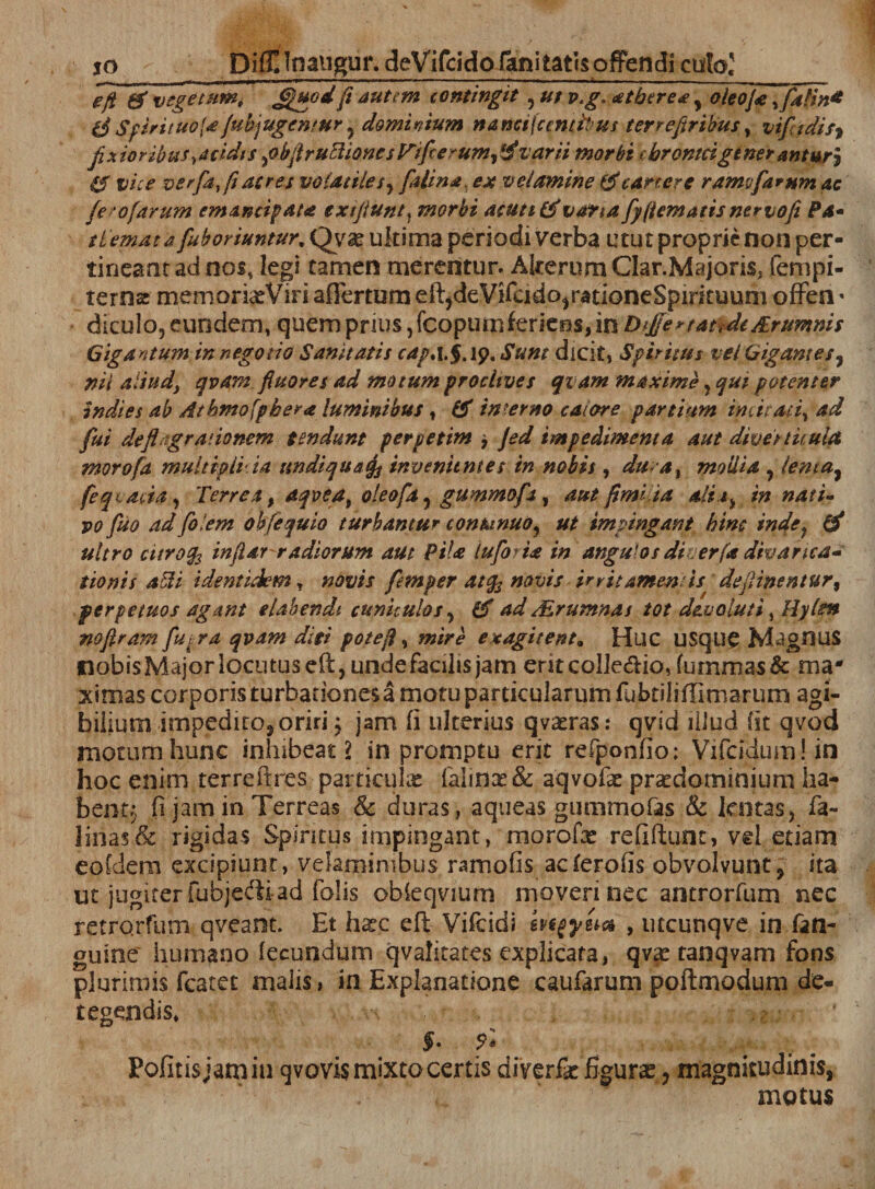 io Diflflnangur. deVifcidofaniiatisofPendi culo,' , — , ■ -- ll»l l ■ T-:. .. ^-- - - -- ■ . - , _ e fi &amp; vege tum i Gfuod fi autem contingit , ut v.g, cethere £, oleofat ,falin* d Sfirituo[£ fubjugemur , dominium nancifccmtus terrefiribus, vifsdif) fixioribus,acidis ,obflruBiones Ftfcerum, varii morbi ebronteigener antur\ &amp; vi e e verfa.fi acres volatiles, fi lina ex velamine &amp;canere rame far um ac fe^ofavum emancipata exifiuntf morbi acutidvatiafyftematts nervofi Pa- demat a fuboriuntur. Qv^ ultima periodi verba utut proprie non per¬ tineant ad nos, legi tamen merentur. Akerum Clar.Majoris, fempi- ternac memorias Viri affertum eft*deVifcido,radoneSpintuuni offen• diculo, eundem, quem prius ,fcopum feriens, in Differ t&lt;mde /Prumnis Gigantum in negotio Sanitatis cap, 1.5.19. Sunt dicit, Spiritus vel Gigantes, nii aliudy qvam fluores ad motum proclives qvam maxime , qui potenter indies ab Athmofpkera luminibus , £T interno calore partium imitati, ad fui deflagrationem tendunt perpetim , fed impedimenta aut diveituula morofa multipli ia undiquatfi invenientes in nobis , dura, modia , lema, feqcacia, Terrea t aqvea, oleofa, gummofa, aut fimi ia alia, in nati¬ vo fuo ad folem obfequio turbantur tontanuo, ut impingant hinc inde, &amp; ultro cttrofa inflar-radiorum aut Pila lufotU in angulos diu erfa divarica- donis a51 i identidem, novis femper atfo novis irritamentis defiinentur, perpetuos agant elabendi ctsnhulos, &amp; ad Alrumnas tot devoluti, Hylen noflram fu^ra qvam diti potefl, mire exagitent„ Huc USqtlC MagOUS nobis Major locutus eft, unde facilis jam eritcol]e&lt;5lio,fummas&amp; ma¬ ximas corporis turbationes a motu particularum fubtiliflimarum agi- bilium impedito, oriri; jam (i ulterius qvasras: qvid illud fit qvod motum hunc inhibeat? in promptu erit refponfio: Vifcidurnl in hoc enim terreftres particulas felinas &amp; aqvofas prasdominium ha¬ bent;, fi jam in Terreas &amp; duras, aqueas gummofas &amp; lentas, fe¬ linas &amp; rigidas Spiritus impingant, morofas reGftuncVvel etiam eoCdem excipiunt, velaminibus ramofis aeferofis obvolvunt9 ita ut jugiter fubje&lt;Siad folis obteqvium moveri nec antrorfum nec retrorfum qveant. Et h^c eft Vifcidi mgyu® , utcunqve in (an¬ guine humano fecundum qvalicates explicata, qvas tanqvam fons plurimis fcatet malis» in Explanatione caufarum poftmodum de¬ tegendis* f. Pofitisjamin qvovis mixto certis diverfas figuras, magnitudinis, motus