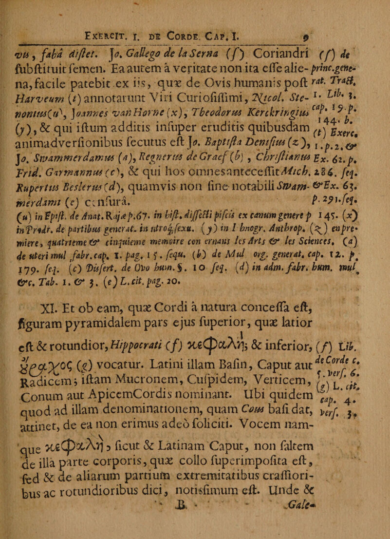 vis, faba dtflet. ]o. Gallego de la Serva (f) Coriandri (f) de fubftituit femen. Ea autem a veritate non ita elfe alie- pmc.genc* na,facile patebit ex iis, quis de Ovis humanis poft rat Tra&amp;t Harveum (t) annotarunt Viri CuriofilTimi, 2\icoL St e-x* Lt^ *• nonimO^) J oanves v an Horne (x), Tbeodon** Kerckringtu,>ca^ l^y' (y) y &amp; qui iftum additis infuper eruditis quibusdam animadverfionibus fecutus eft ]*. Bapti(laDemfim{z\ ]ot Srjawmerdamm (a), Regnent* deGraef(h) , Chrijluvm px. 62. p. Frtd. GxrmannM (c), &amp; qui hos omnesanteccflitMcb. z86. fe<[. Ruperttts Besltrm{d\ quamvis non finenotabili Swam- merdann {e) cuifiuni. P (u) in Bpi/l de Amt. Rajap,67* inhifl. dijfctti piftU ex cotium gemre p 14S- [x) mfndr» de partibus generat, in ntro^fexu, (y) w lbnogr< Anthrop4 (;>) en pre¬ mere , quatrieme &amp;* cinpueme memoire cen ernans ks Arts &amp; les Sciences, (<?) de uteri rtml fabr.cap. l. pag, 1 ?. fiqu. (b) de hdul org. generat, cap. iz. 119- lek (O Qtsfert. de OH bum.§t 10 /e?. U) in adm.fabr. hum. tnulm &amp;c. Tab. 1. CT 5. (e)Ltcit.pag. 20. XI. Et ob eam, quae Cordi a natura cone e fla eft, figuram pyramidalem pars ejus fuperior, quas latior eft &amp; rotundior, Hippocrati (f) x^CpoAfy &amp; inferior, (/) lib. (g) vocatur. Latini illam Bafin, Caput Radicemoftam Mucronem, Cufpidem, Verticem, Conum aut ApicemCordis nominant. Ubi quidem quod ad illam denominationem, quam Com bafidat, \^ attinet, de ea non erimus adeo foliciti. Vocem nam¬ que >uCpxXr| 5 ficut &amp; Latinam Caput, non faltem de illa parte corporis, quas collo fuperimpofita eft, fcd &amp; de aliarum pardum extremitatibus cralfiori- bus ac rotundioribus dici , notisfimum eft. Unde &amp; JB, - - JSale*