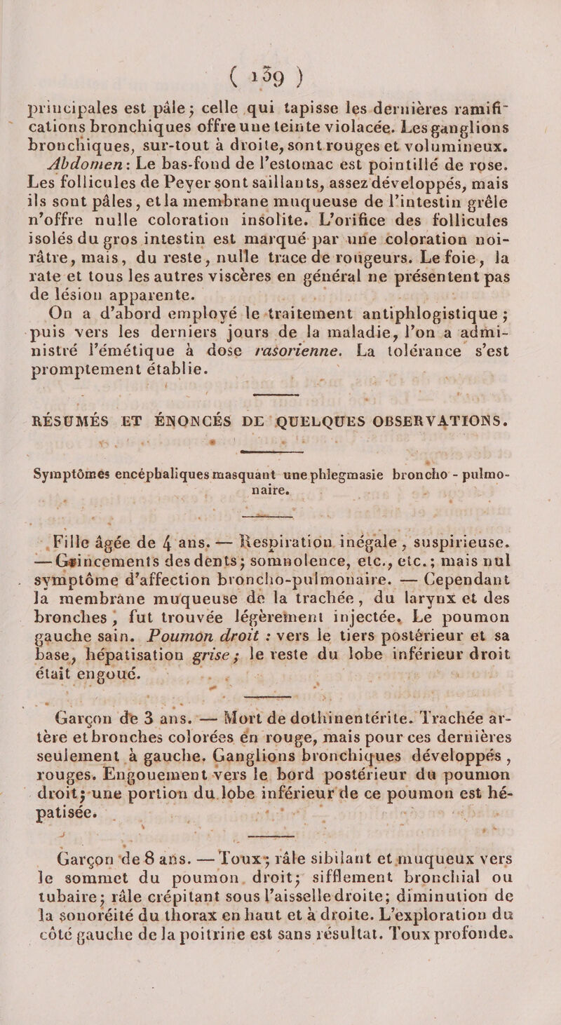 ( i.î9 ) principales est pâle5 celle qui tapisse les dernières ramifi* cations bronchiques offre une teinte violacée. Les ganglions bronchiques, sur-tout à droite, sont rouges et volumineux. Abdomen: Le bas-fond de l’eslornac est pointillé de rose. Les follicules de Peyersont saillants, assez développés, mais ils sout pâles, et la membrane muqueuse de l’intestin grêle n’offre nulle coloration insolite. L’orifice des follicules isolés du gros intestin est marqué par une coloration noi¬ râtre, mais, du reste, nulle trace de rougeurs. Le foie, la rate et tous les autres viscères en général ne présentent pas de lésion apparente. On a d’abord employé le traitement antiphlogistique ; puis vers les derniers jours de la maladie, l’on a admi¬ nistré l’émétique à dose rasorienne. La tolérance s’est promptement établie. RÉSUMÉS ET ÉNONCÉS DE QUELQUES OBSERVATIONS. Symptômes encéphaliques masquant unephîegmasie broncho - pulmo¬ naire. Fille âgée de 4 ans. — Respiration inégale , suspirieuse. — Grincements des dents ; somnolence, etc., etc. ; mais nui symptôme d’affection broncho-pulmonaire. — Cependant la membrane muqueuse de la trachée, du larynx et des bronches, fut trouvée légèrement injectée. Le poumon gauche sain. Poumon droit : vers le tiers postérieur et sa base, hépatisation grise,* le reste du lobe inférieur droit était engoué. Garçon de 3 ans. — Mort de dothinentérite. Trachée ar¬ tère et bronches colorées en rouge, mais pour ces dernières seulement à gauche. Ganglions bronchiques développés , rouges. Engouement vers le bord postérieur du poumon droit; une portion du lobe inférieur de ce poumon est hé¬ patisée. % > » * *. J _ , % Garçon de 8 ans. —Toux; râle sibilant et muqueux vers 3e sommet du poumon droit; sifflement bronchial ou tubaire; râle crépitant sous l’aisselle droite; diminution de la sonoréité du thorax en haut et à droite. L’exploration du côté gauche de la poitrine est sans résultat. Toux profonde.