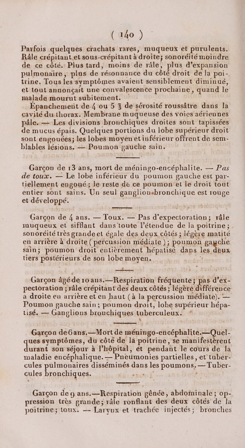 ( >4o ) Parfois quelques crachats rares, muqueux et purulents. Râle crépitant et sous-crépitant à droite; sonoréité moindre de ce côté. Plus tard, moins de râle, plus d’expansion pulmonaire, plus de résonnance du côté droit de la poi¬ trine. Tous les symptômes avaient sensiblement diminué, et tout annonçait une convalescence prochaine, quand le malade mourut subitement. Épanchement de 4 ou 5 5 de sérosité roussâtre dans la cavité du thorax. Membrane muqueuse des voies aériennes pâle. — Les divisions bronchiques droites sont tapissées de mucus épais. Quelques portions du lobe supérieur droit sont engouées; les lobes moyen et inférieur offrent do seni' blables lésions. — Poumon gauche sain. Garçon de i3 ans, mort de méningo-encéphalite. — Pas de toux. — Le lobe inférieur du poumon gauche est par¬ tiellement engoué ; le reste de ce poumon et le droit tout entier sont sains. Un seul ganglion bronchique est rouge et développé. ■■■■ > Garçon de 4 ans. — Toux. — Pas d'expectoration; râle muqueux et sifflant dans toute l’étendue de la poitrine; sonoréité très grande et égale des deux côtés ; légère matité en arrière à droite ( percussion médiate); poumon gayclie sain; poumon droit entièrement hépatisé dans les deux tiers postérieurs de son lobe moyen. Garçon âgé de io ans.—Respiration fréquente; pas d’ex¬ pectoration ; râle crépitant des deux côtés; légère différence a droite eu arrière et en haut ( à la percussion médiate). — Poumon gauche sain ; poumon droit, lobe supérieur hépa¬ tisé. — Ganglions bronchiques tuberculeux. Garçon deôans.—Mort de méningo-encéphalite.—Quel¬ ques symptômes, du côté de la poitrine, se manifestèrent durant son séjour à l’hôpital, et pendant le cours de la maladie encéphalique. — Pneumonies partielles, et tuber¬ cules pulmonaires disséminés dans les poumons.—Tuber¬ cules bronchiques. Garçon de9 ans.—Respiration gênée, abdominale; op¬ pression très grande; râle ronflant des deux côtés de la poitrine; toux. — Larynx et trachée injectés; bronches