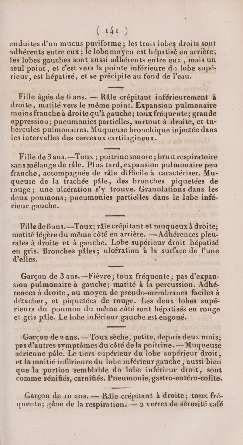 ( x4> ) enduites d’an mucus puriforme ; les trois lobe$ droits sont adhérents entre eux ; le lobe moyen est hépatisé en arrière; les lobes gauches sont aussi adhérents entre eux , mais un seul point, et c’est vers la pointe inférieure du lobe supé¬ rieur, est hépatisé, et se précipite au fond de l’eau. Fille âgée de 6 ans. — Râle crépitant inférieurement à droite, matité vers le même point. Expansion pulmonaire moins franche à droite qu’à gauche; toux fréquente; grande oppression ; pneumonies partielles, surtout à droite, et tu¬ bercules pulmonaires. Muqueuse bronchique injectée dans les intervalles des cerceaux cartilagineux. ) Fille de 3 ans.—Toux ; poitrine sonore ; bruit respiratoire sans mélange de râle. Plus tard, expansion pulmonaire peu franche, accompagnée de râle difficile à caractériser. Mu¬ queuse de la trachée pâle, des bronches piquetées de rouge; une ulcération s’v trouve. Granulations dans les deux poumons; pneumonies partielles dans le lobe infé¬ rieur gauche. Fill© de6 ans.—Toux; râle crépitant et muqueux à droite; matité légère du même côté en arrière. —Adhérences pleu¬ rales à droite et à gauche. Lobe supérieur droit hépatisé en gris. Bronches pâles; ulcération à la surface de l’une d’elles. Garçon de 3 ans.—Fièvre; toux fréquente; pas d’expan¬ sion pulmonaire à gauche; matité à la percussion. Adhé¬ rences à droite, au moyen de pseudo-membranes faciles à détacher, et piquetées de rouge. Les deux lobes supé¬ rieurs du poumon du même côté sont hépatisés en rouge et gris pâle. Le lobe inférieur gauche est engoué. Garçon de ans. — Toux sèche, petite, depuis deux mois; pas d’autres symptômes du côté delà poitrine. —Muqueuse aérienne pâle. Le tiers supérieur du lobe supérieur droit, et la moitié inférieure du lobe inférieur gauche, aussi bien que la portion semblable du lobe inférieur droit, sont comme rénifiés, carnifiés. Pneumonie, gastro-entéro-colite. Garçon de io ans. — Râle crépitant à droite; toux fré¬ quente; gêne de la respiration. — 2 verres de sérosité café