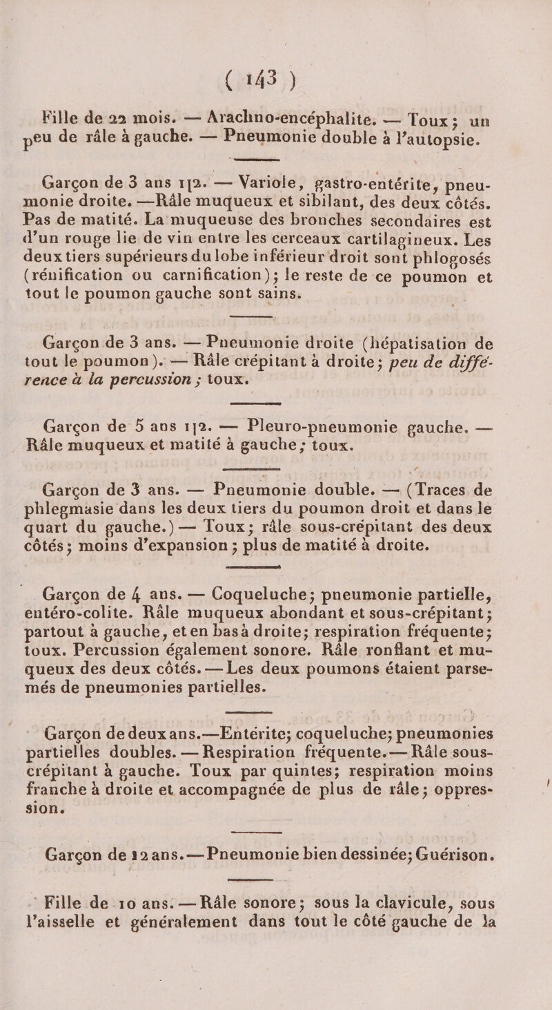 ( *43 ) Fille de 21 mois. — Araclino-encéphalite. — Toux; mi peu de râle à gauche. — Pneumonie double à Fautopsie. Garçon de 3 ans ip. — Variole, gastro-entérite, pneu¬ monie droite. —Râle muqueux et sibilant, des deux côtés. Pas de matité. La muqueuse des bronches secondaires est d’un rouge lie de vin entre les cerceaux cartilagineux. Les deux tiers supérieurs du lobe inférieur droit sont phlogosés (rénification ou carnification)5 le reste de ce poumon et tout le poumon gauche sont sains. Garçon de 3 ans. —Pneumonie droite (hépatisation de tout le poumon). — Râle crépitant à droite; peu de diffé¬ rence à la percussion ; toux. Garçon de 5 ans ip. — Pleuro-pneumonie gauche, — Râle muqueux et matité à gauche; toux. Garçon de 3 ans. — Pneumonie double. — (Traces de phlegmasie dans les deux tiers du poumon droit et dans le quart du gauche.)— Toux; râle sous-crépitant des deux côtés; moins d’expansion ; plus de matité à droite. Garçon de 4 ans. — Coqueluche; pneumonie partielle, entéro-colite. Râle muqueux abondant et sous-crépitant; partout à gauche, et en basa droite; respiration fréquente; toux. Percussion également sonore. Râle ronflant et mu¬ queux des deux côtés. — Les deux poumons étaient parse¬ més de pneumonies partielles. Garçon de deuxans.—Entérite; coqueluche; pneumonies partielles doubles. — Respiration fréquente. — Râle sous- crépitant à gauche. Toux par quintes; respiration moins franche à droite et accompagnée de plus de râle; oppres¬ sion. Garçon de 3 2 ans.—Pneumonie bien dessinée; Guérison. Fille de 10 ans.—Râle sonore; sous la clavicule, sous l’aisselle et généralement dans tout le côté gauche de la