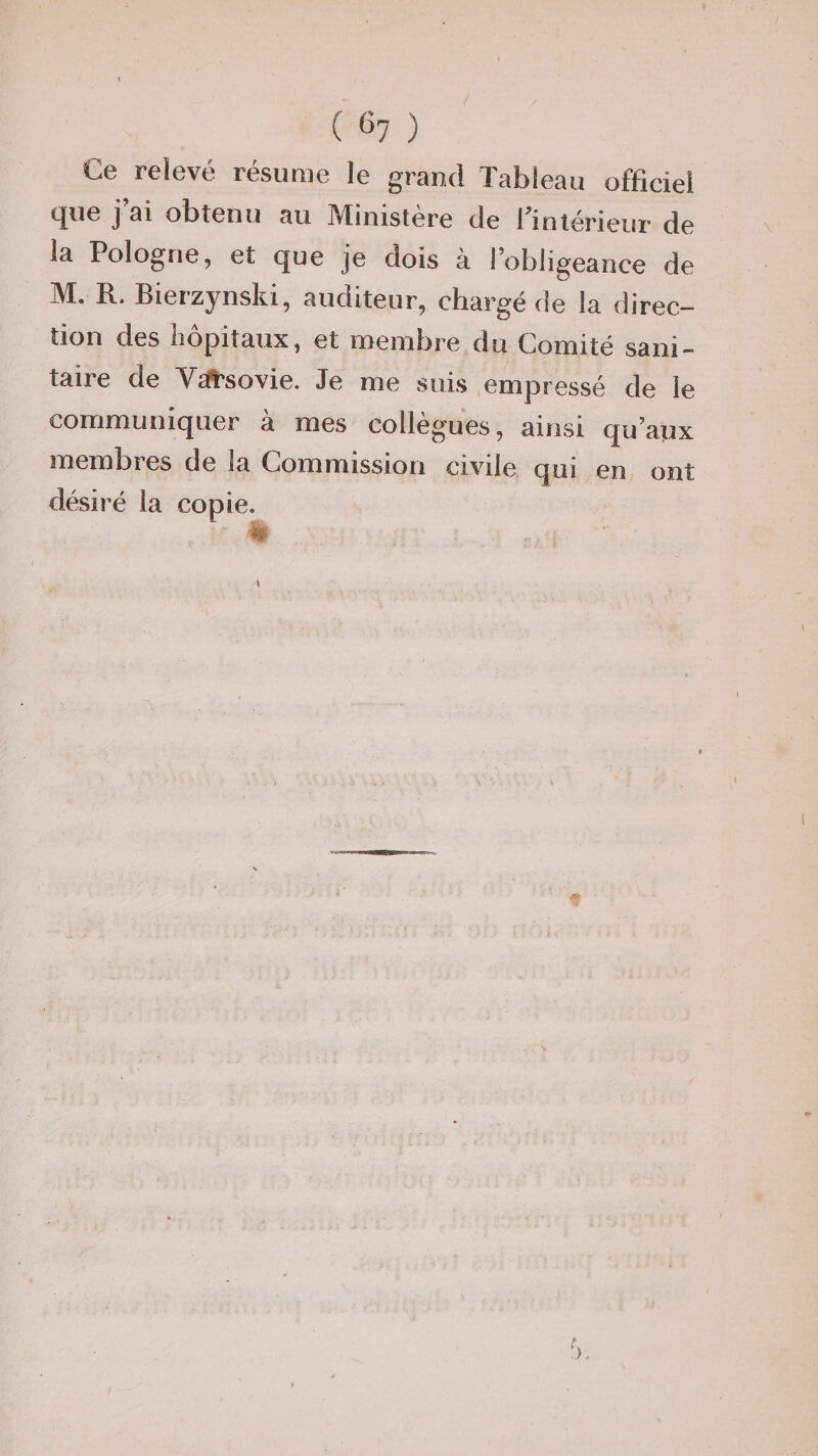 ( ^7 ) Ce relevé résume le grand Tableau officiel que j’ai obtenu au Ministère de l’intérieur de la Pologne, et que je dois à l’obligeance de M. R. Bierzynski, auditeur, chargé de la direc¬ tion des hôpitaux, et membre du Comité sani¬ taire de Varsovie. Je me suis empressé de le communiquer à mes collègues, ainsi qu’aux membres de la Commission civile qui en ont désiré la copie. ( ). I