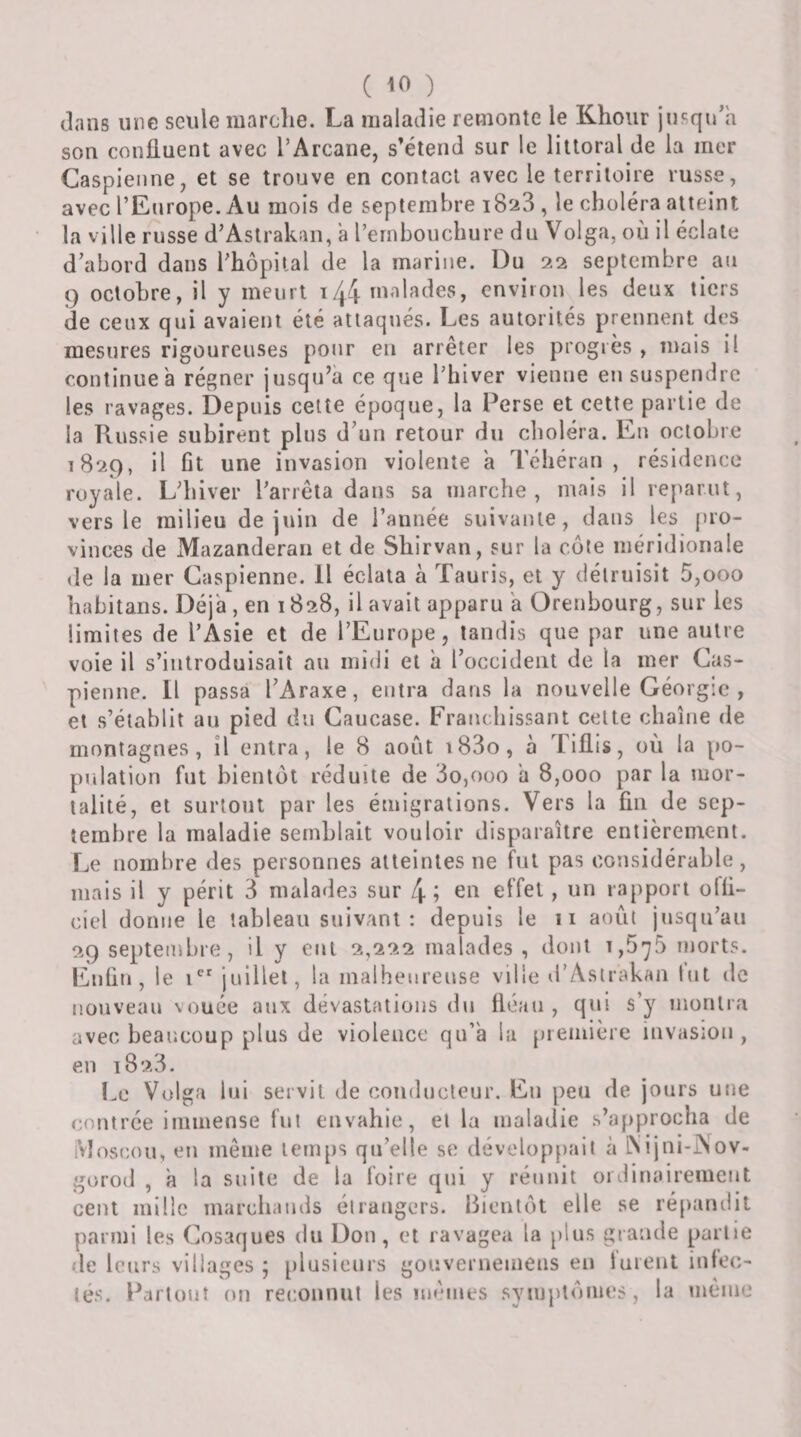 dans une seule marclie. La maladie remonte le Khoiir jusqidh son confinent avec l’Arcane, s’étend sur le littoral de la mer Caspienne, et se trouve en contact avec le territoire russe, avec l’Europe. Au mois de septembre 1823 , le clioléra atteint la ville russe d’Astrakan, à l’embouchure du Volga, où il éclate d’abord dans l’hôpital de la marine. Du 22 septembre an 9 octobre, il y meurt i44 malades, environ les deux tiers de ceux qui avaient été attaqués. Les autorités prennent des mesures rigoureuses pour en arrêter les progrès , mais il continue à régner jusqu’à ce que l’hiver vienne en suspendre les ravages. Depuis celte époque, la Perse et cette partie de la Russie subirent plus d’un retour du choléra. En octobre 1829, il fit une invasion violente à Téhéran, résidence royale. L’hiver l’arrêta dans sa marche, mais il reparut, vers le milieu de juin de l’année suivante, dans les juo- vinces de Mazanderaii et de Shirvan, sur la côte méridionale de la mer Caspienne. H éclata à Tauris, et y détruisit 5,000 habitans. Déjà, en 1828, il avait apparu à Orenbourg, sur les limites de l’Asie et de l’Europe, tandis que par une autre voie il s’introduisait au midi et à l’occident de la mer Cas¬ pienne. Il passa l’Araxe, entra dans la nouvelle Géorgie , et s’établit au pied du Caucase. Franchissant celte chaîne de montagnes, il entra, le 8 août i83o, à Tiflis, où la po¬ pulation fut bientôt réduite de 3o,ooo à 8,000 par la mor¬ talité, et surtout par les étnigrations. Vers la fin de sep¬ tembre la maladie semblait vouloir disparaître entièrement. Le nombre des personnes atteintes ne fut pas considérable , mais il y périt 3 malades sur 4; en effet, un rapport olli- ciel donne le tableau suivant : depuis le 11 août jusqu’au 29 septembre, il y eut 2,222 malades, dont 1,575 morts. Enfin, le i*' juillet, la malheureuse ville ti’Asirakftn lut de nouveau vouée aux dévastations du fléau , qui s’y montra avec bear.coup plus de violence qu’à la [ueiuière invasion , en 1823. l.e Volga lui servit de conducteur. Eu peu de jours une contrée immense fut envahie, et la maladie s’approcha de iVloscou, en même temps qu’elle se développait à iNijni-iNov- gorod , à la suite de la foire qui y réunit ordinairement cent mille marchands étrangers, bientôt elle se répandit parmi les Cosaques du Don, et ravagea la plus grande partie de leurs villages 5 plusieurs gouvernemens en lurent infec¬ tés. Farlouî on reconnut les mêmes synijUômes, la même