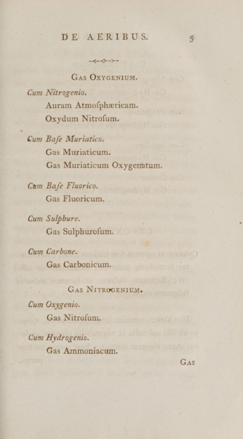 Gas Oxygenium. Cum Nitrogenio. Auram Atmofphaericam. Oxydum Nitrofum. Cum Bafe Muriatico, Gas Muriaticum. Gas Muriaticum Oxygerratum. Cum Bafe Fluor ico, Gas Fluoricum. Cum Sulphure, Gas Sulphurofum. Cum Carbone, Gas Carbonicum. Gas Nitrocenium. Cum Oxygenio. Gas Nitrofum. Cum Hydrogenio, Gas Ammoniacum.